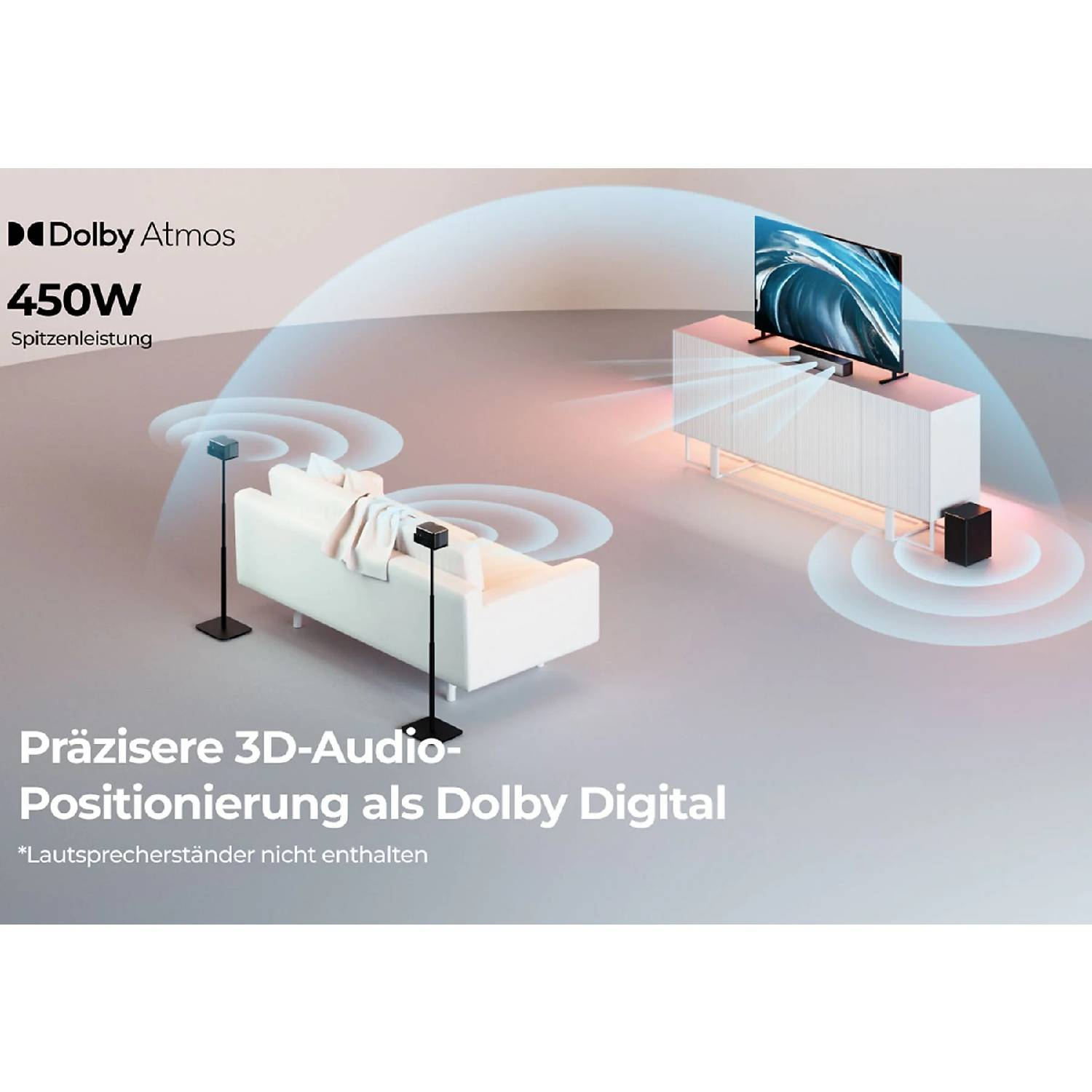 Dolby Atmos 450W : Positionnement audio 3D précis. TV avec barre de son sur buffet.