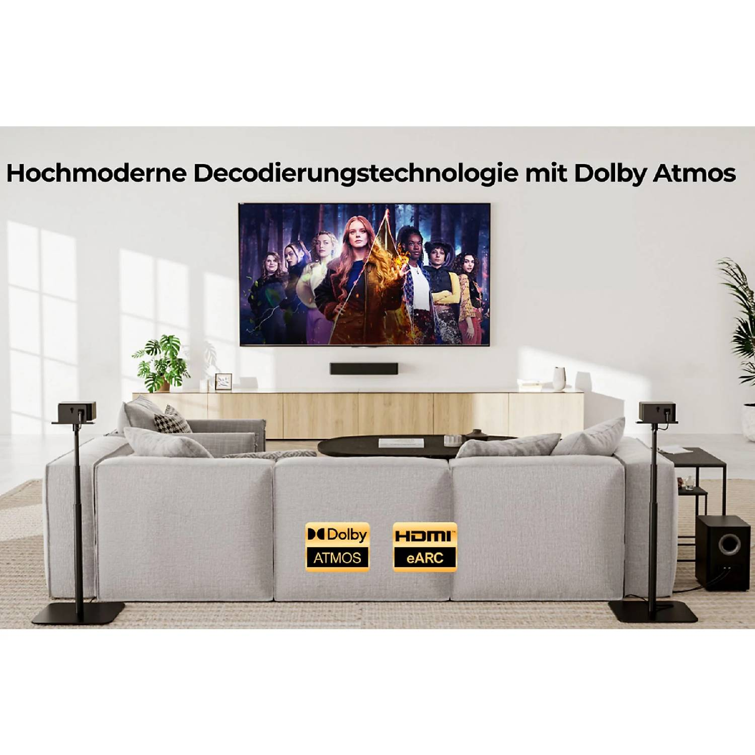 Un salon avec canapé, TV et logos Dolby Atmos et HDMI eARC.