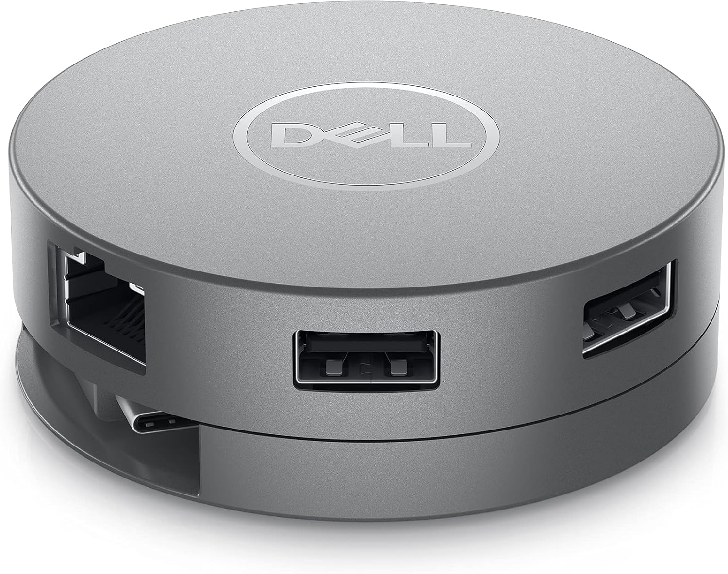 Grauer Dell USB-C Hub mit Ethernet-Anschluss und USB-A-Ports.