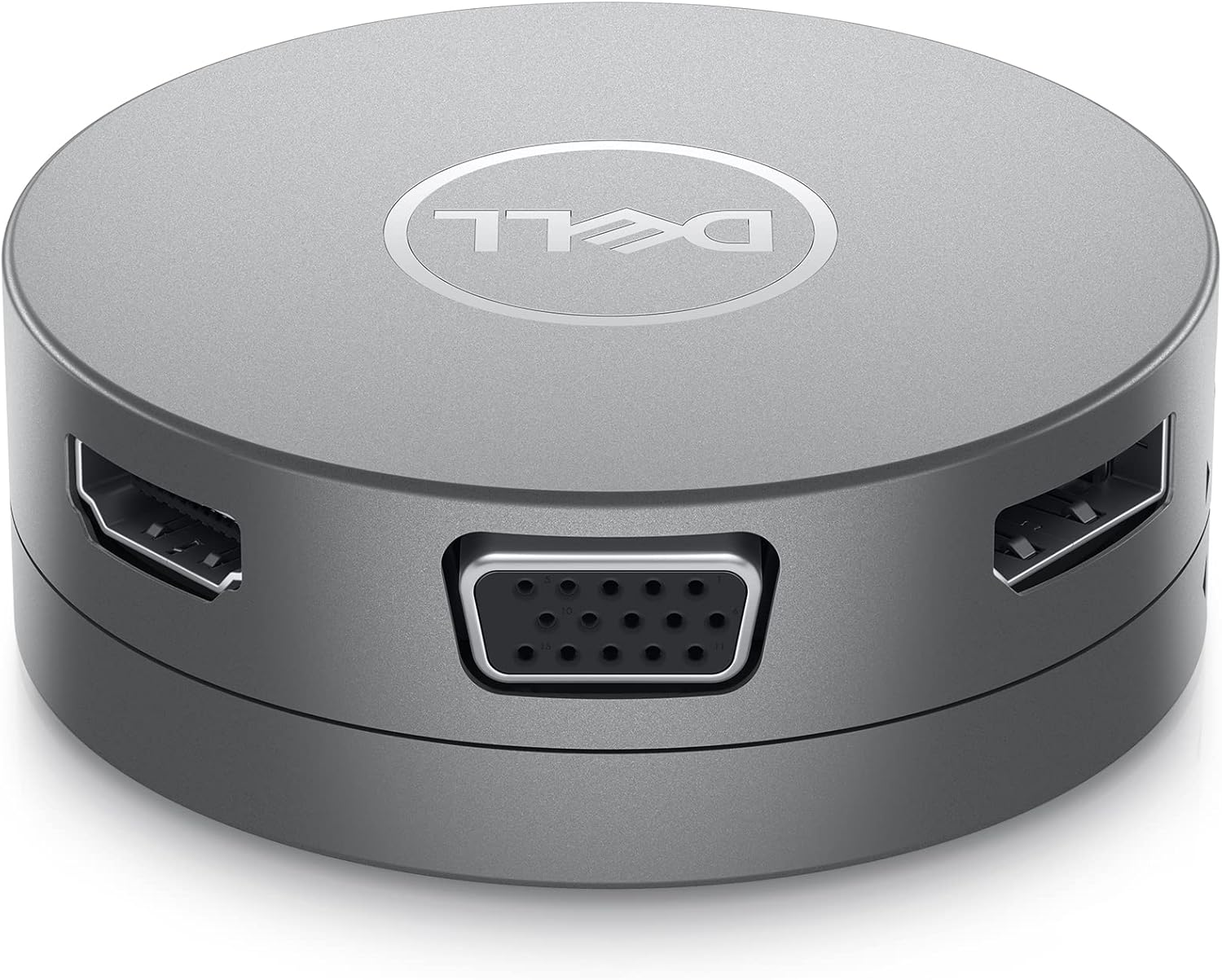 Grauer Dell-Adapter mit HDMI-, VGA- und USB-Anschlüssen.