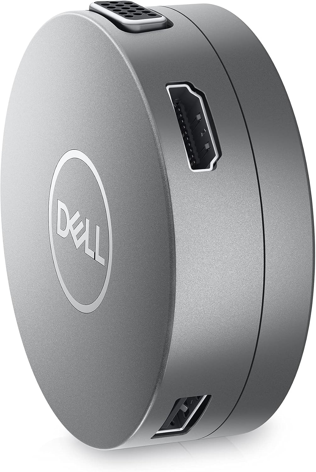 Grauer Dell-Adapter mit HDMI-, USB-A- und VGA-Anschlüssen.