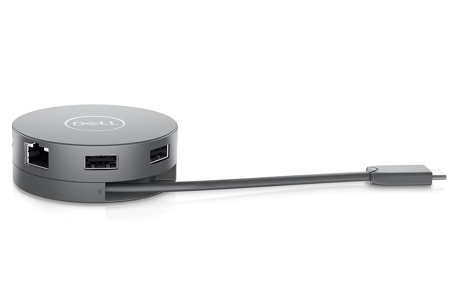 Grauer Dell USB-C Hub mit Anschlüssen und Kabel.