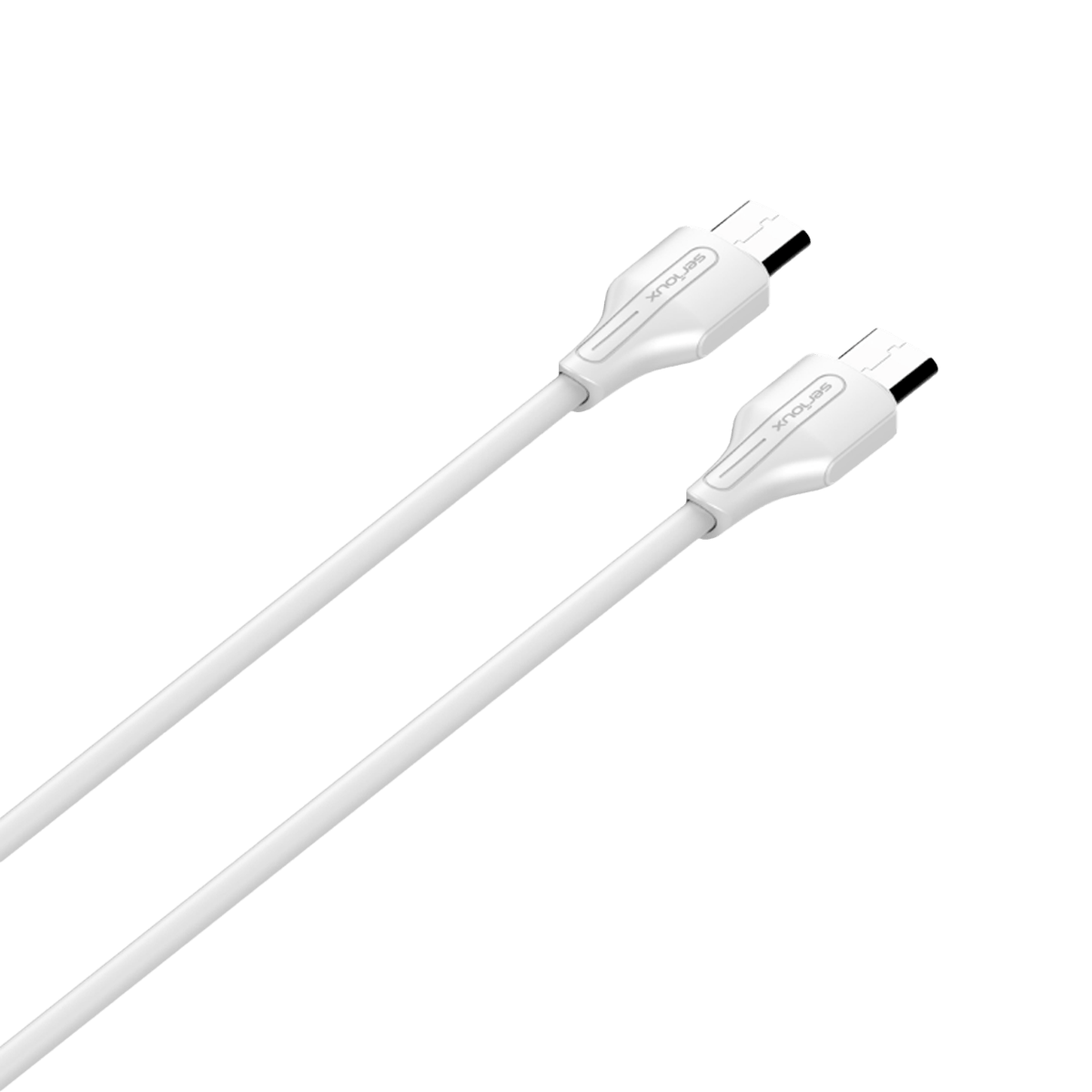 Zwei weiße USB-C-Kabel auf schwarzem Hintergrund, mit einem Logo auf jedem Stecker.