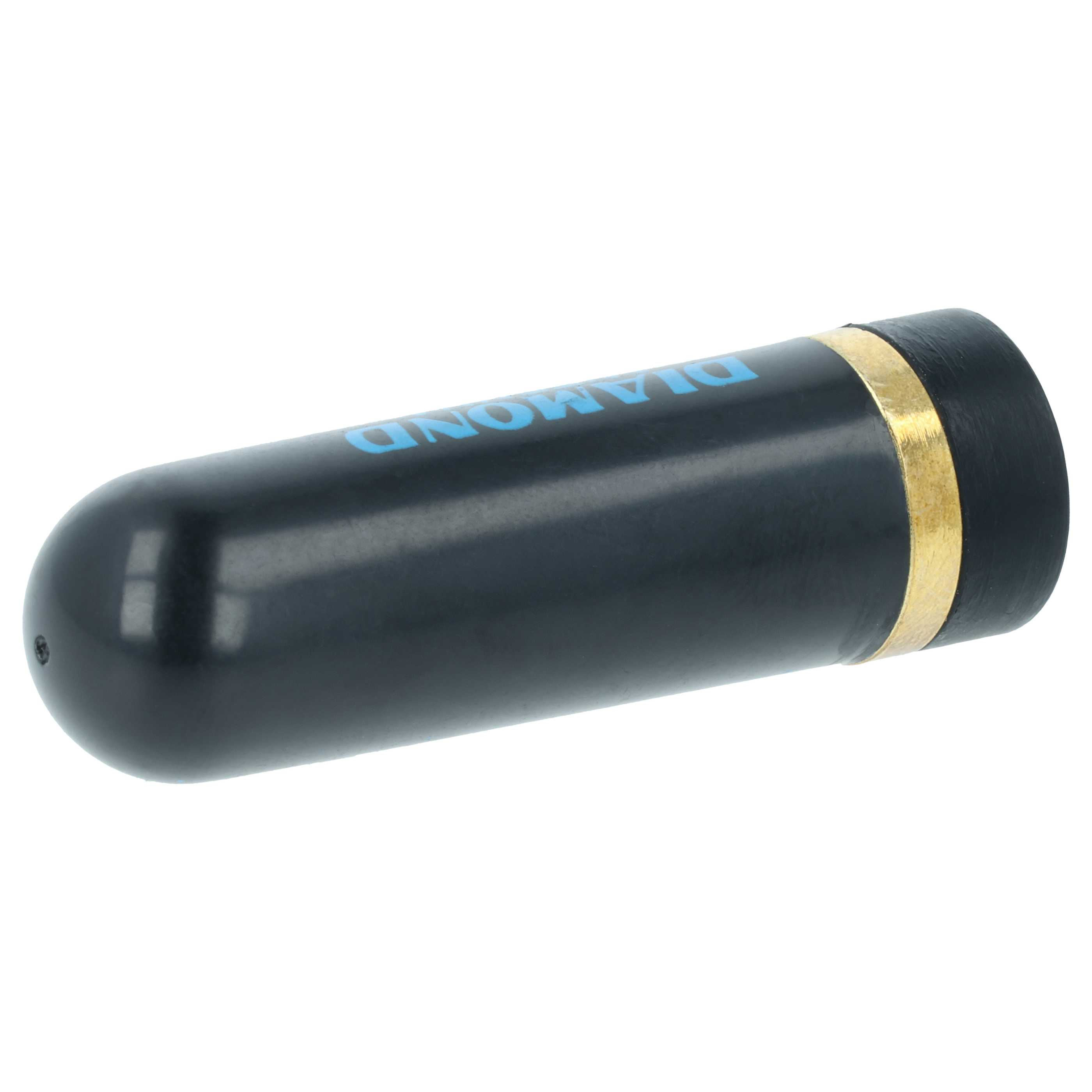 Schwarzer zylindrischer Gegenstand mit blauem „DIAMOND“-Schriftzug und Goldband.