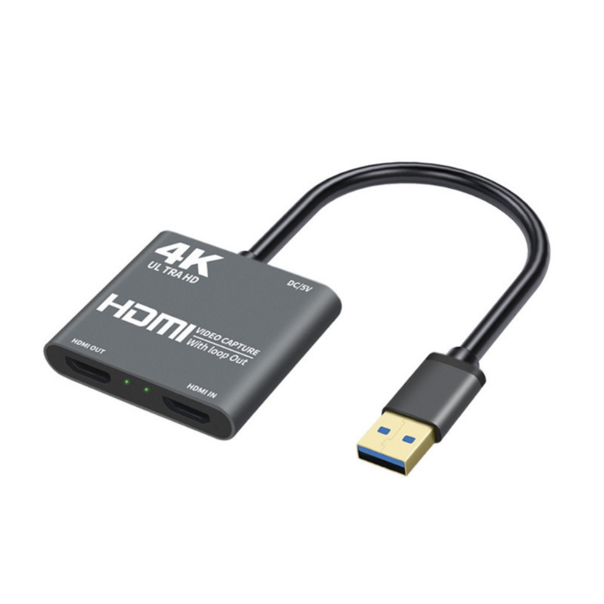 Grauer 4K HDMI Video-Capture-Adapter mit USB-Anschluss und Loop-Out-Funktion.