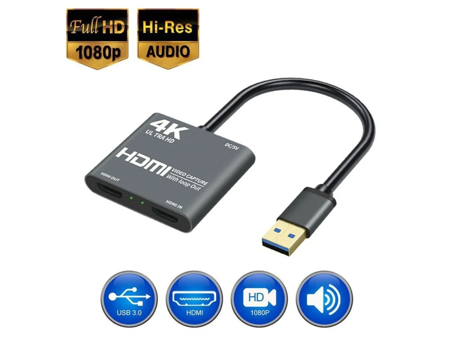 Grauer HDMI-Video-Capture-Adapter mit USB 3.0-Kabel und HDMI-Anschlüssen.