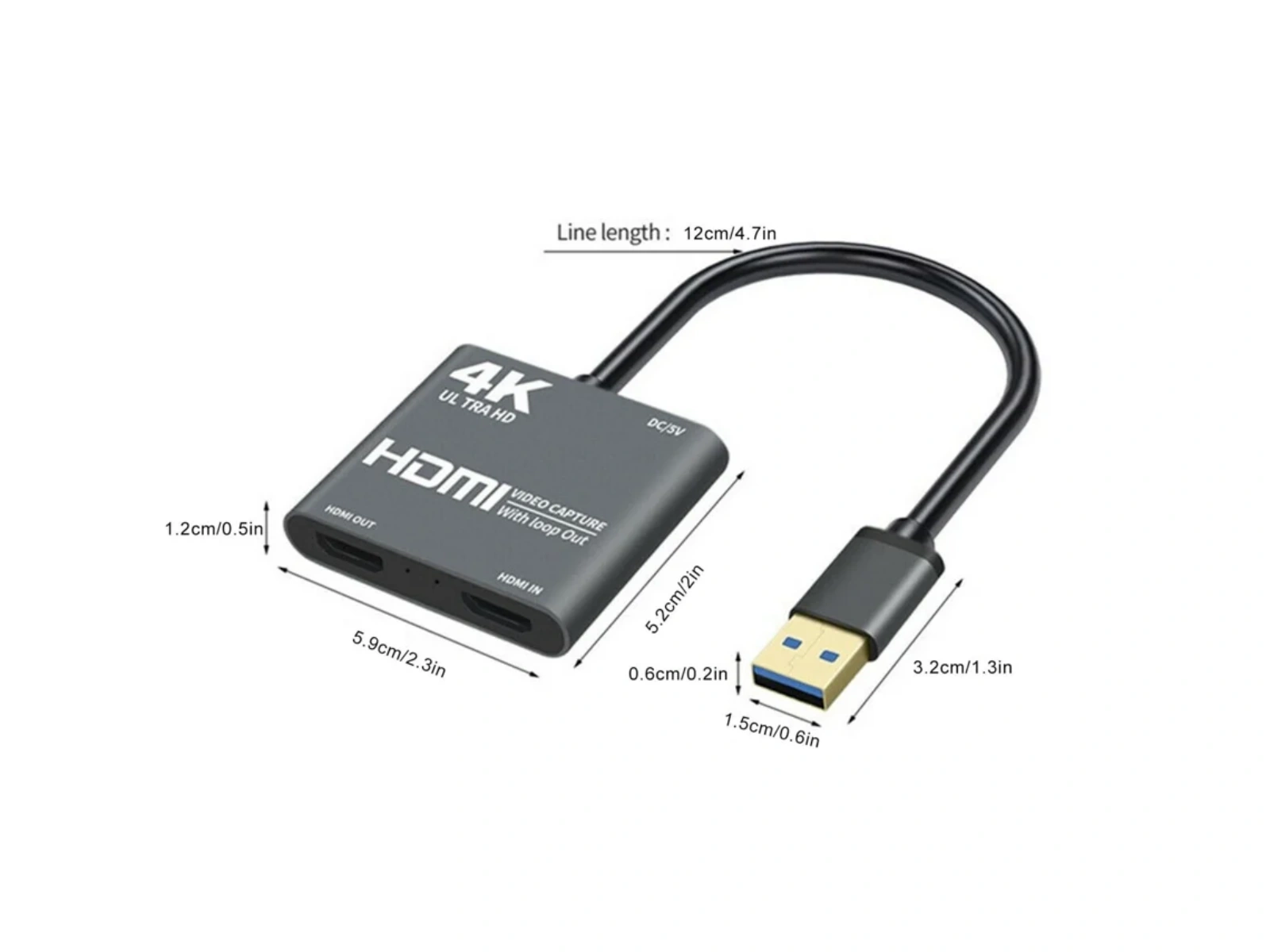 Grauer 4K HDMI Video-Capture-Dongle mit Loop-Out und USB-Anschluss.