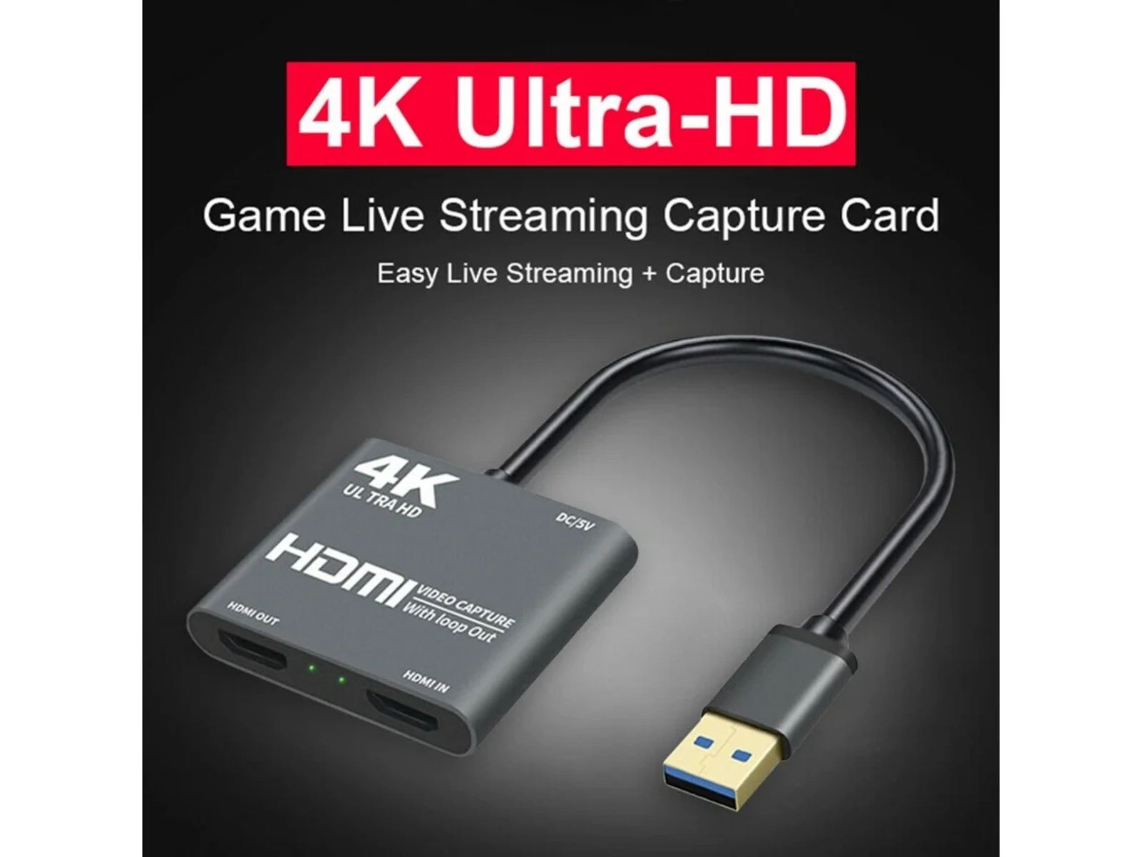 Graue 4K HDMI Capture Card mit USB-Anschluss für Live-Streaming.