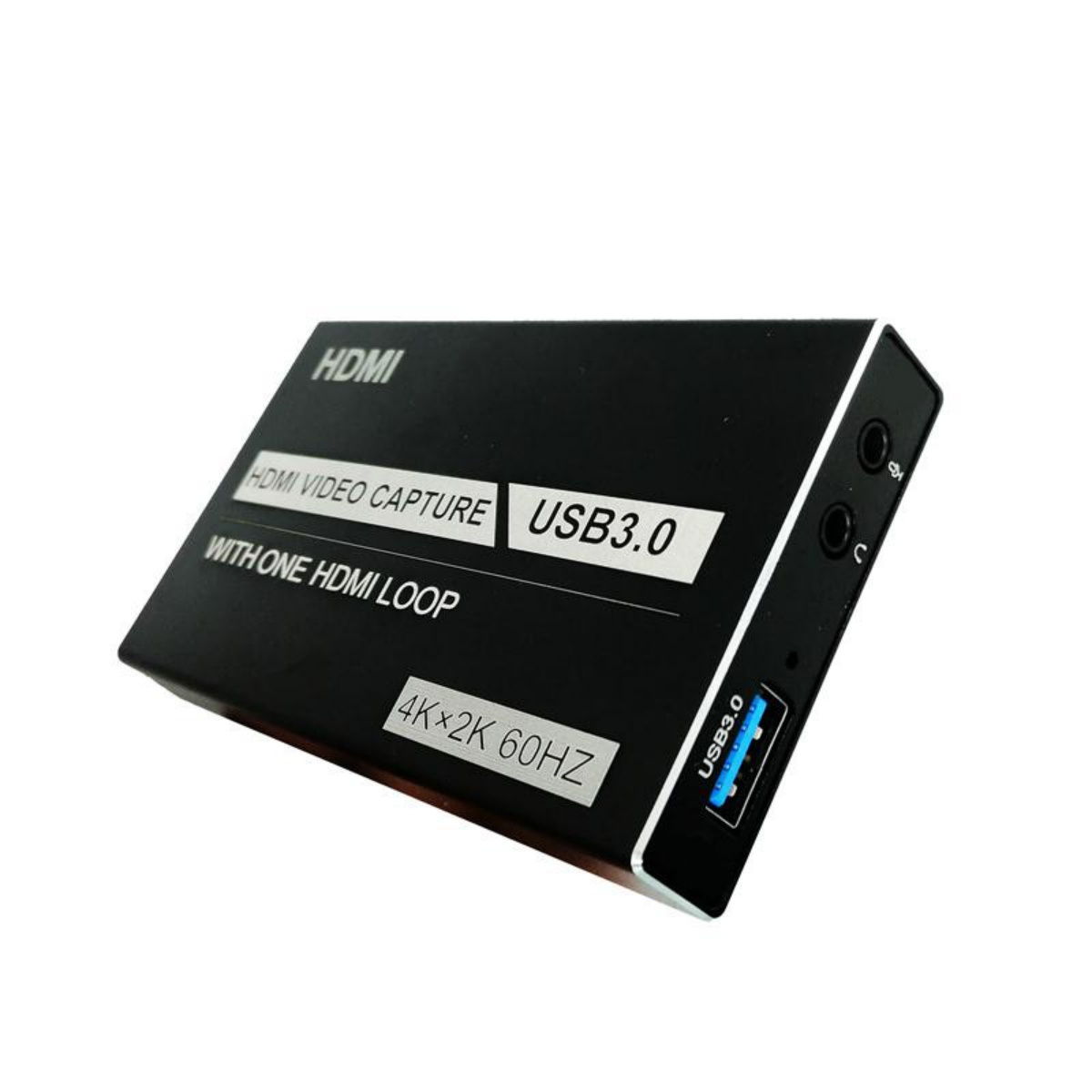 Schwarzer HDMI-Video-Capture-USB3.0-Adapter mit 4K2K 60Hz Auflösung.