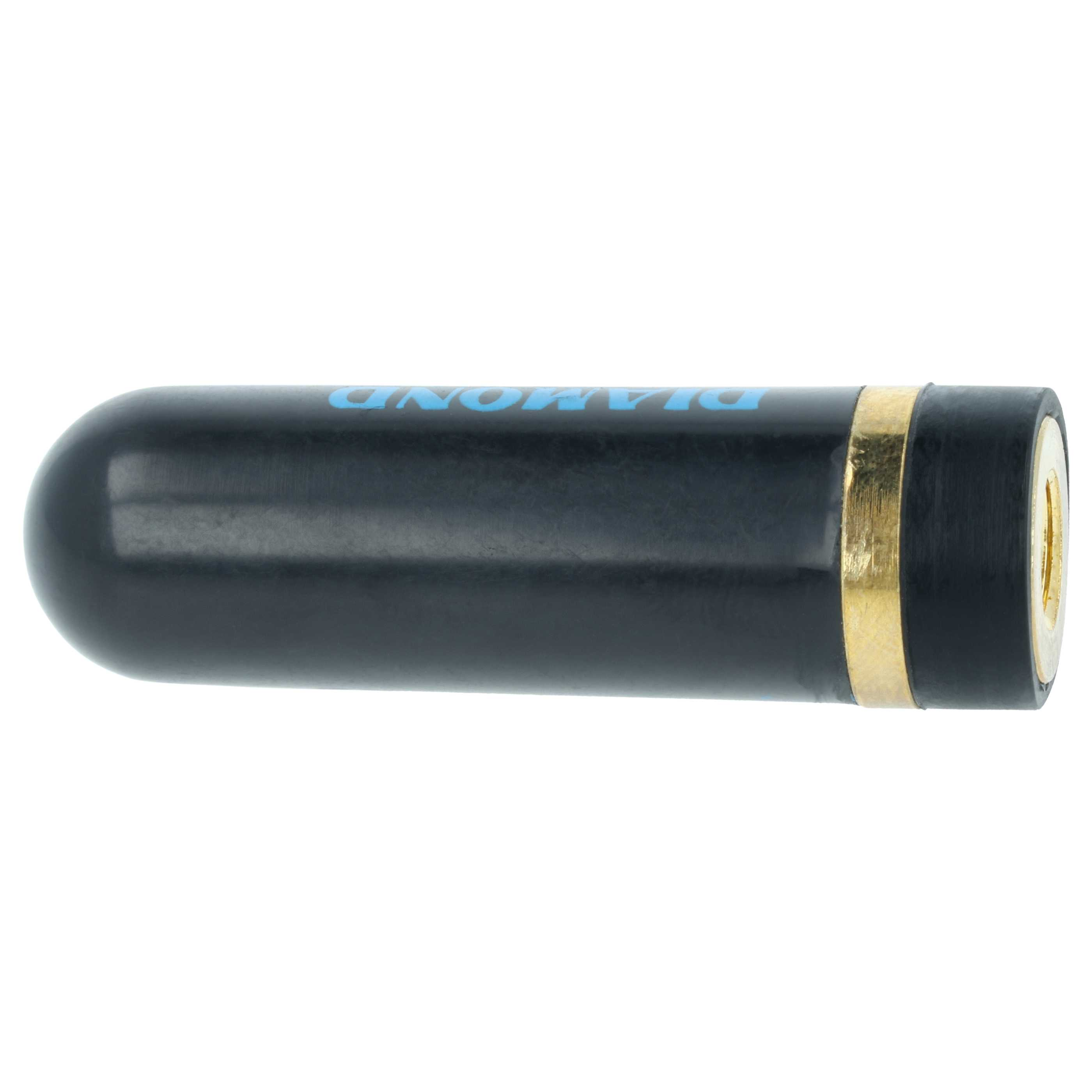 Schwarzer zylindrischer Gegenstand mit blauem Text und Goldband.