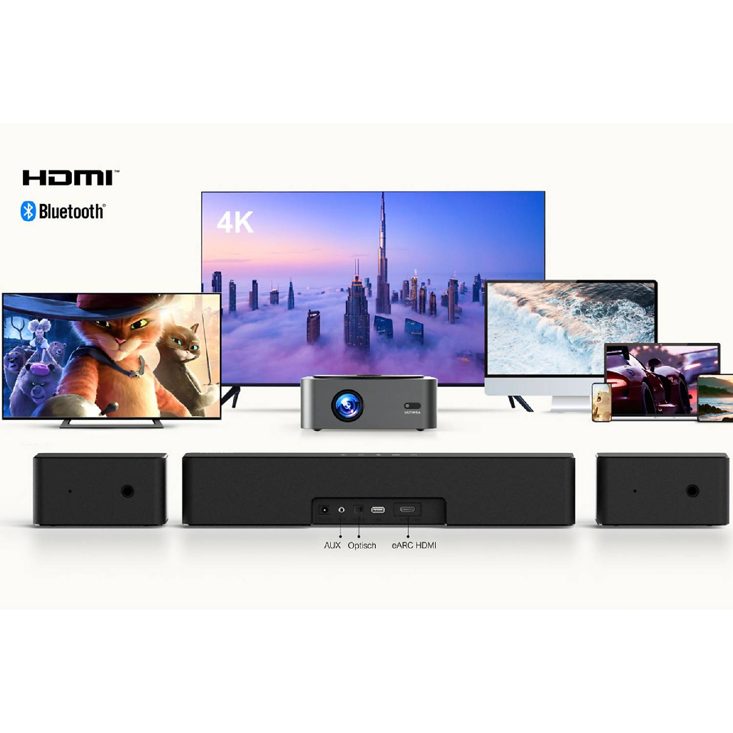 Un projecteur, une barre de son et divers écrans affichent des médias. Logos HDMI et Bluetooth visibles.