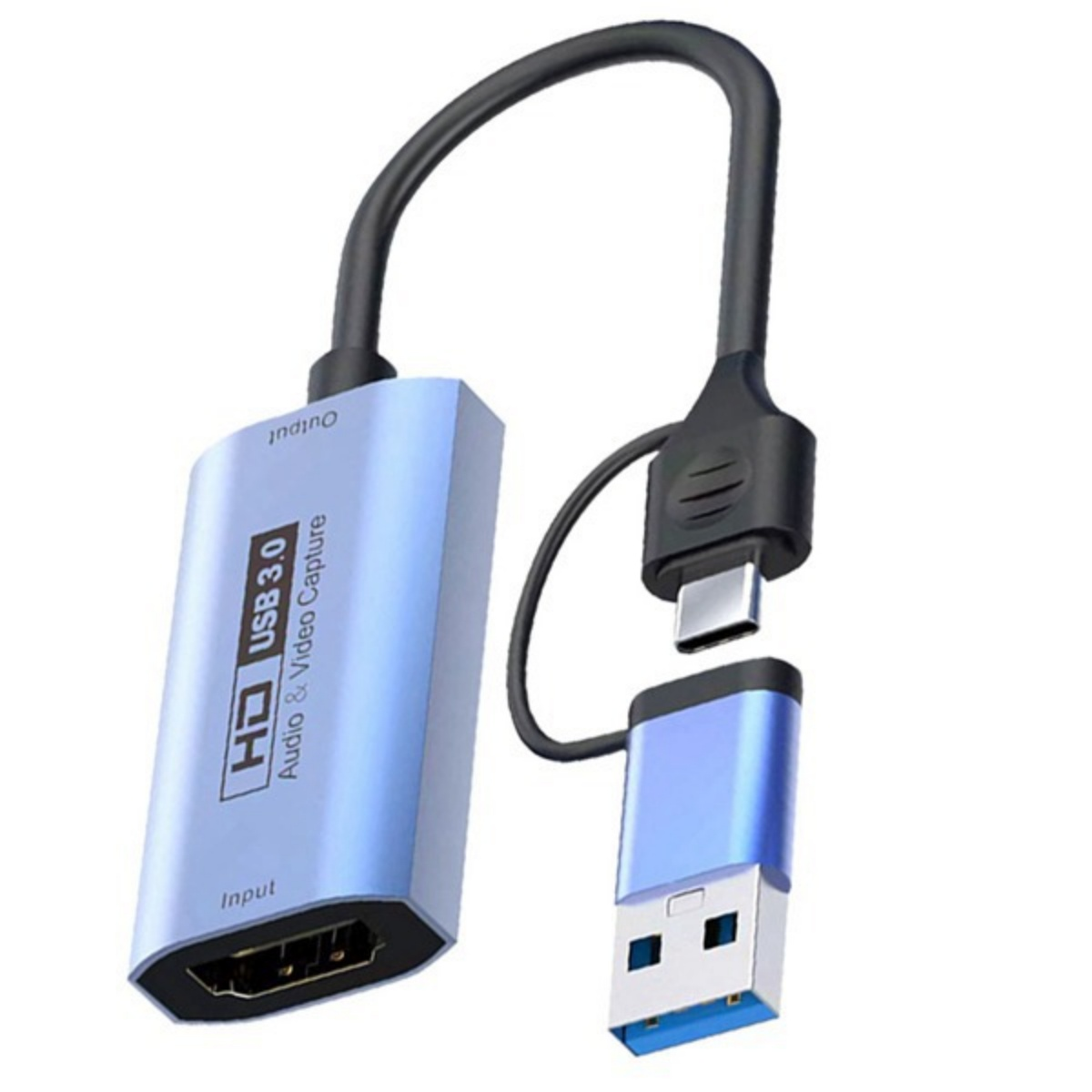 Ein blaues USB 3.0 Audio- und Videoaufnahme-Gerät mit HDMI-Eingang und USB-C-zu-USB-A-Kabel.