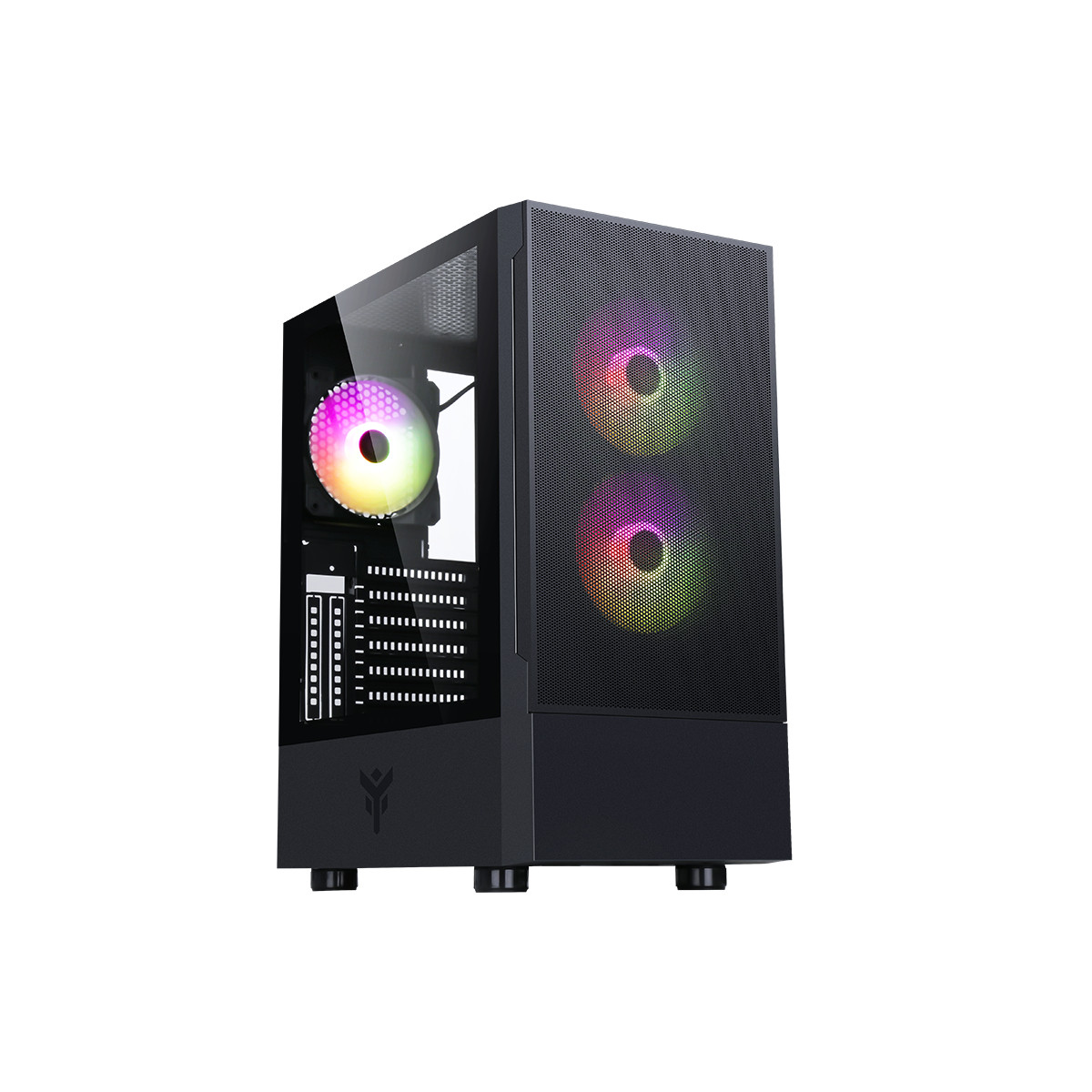 Czarna obudowa komputera z wentylatorami RGB i szklanym panelem.