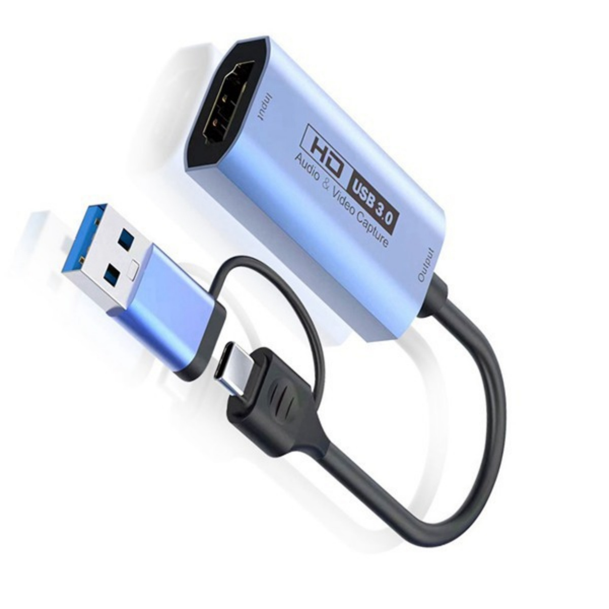Blauer USB 3.0 Audio- & Video-Capture-Adapter mit HDMI-Eingang und USB-C-Ausgang.