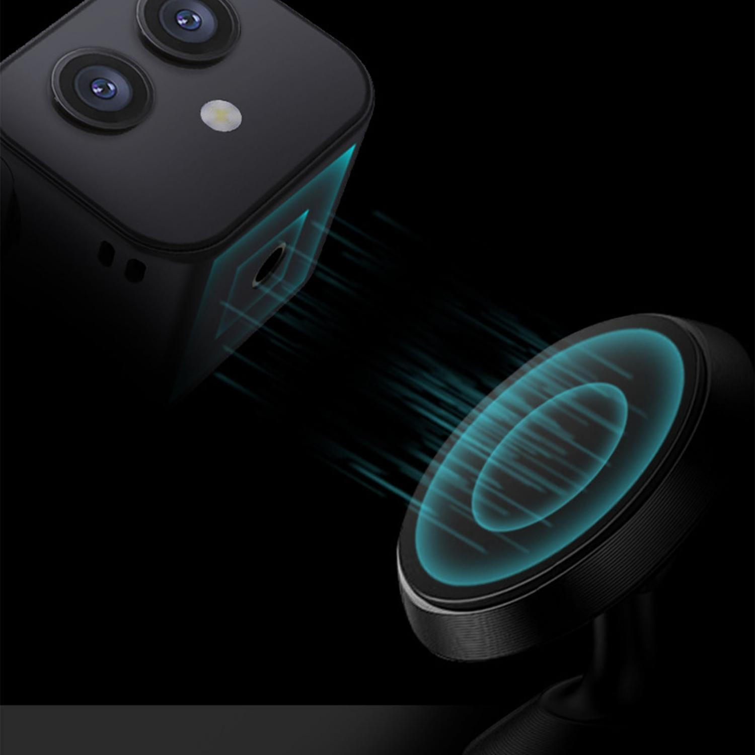 Ein schwarzes Smartphone nähert sich einem magnetischen Autohalter.