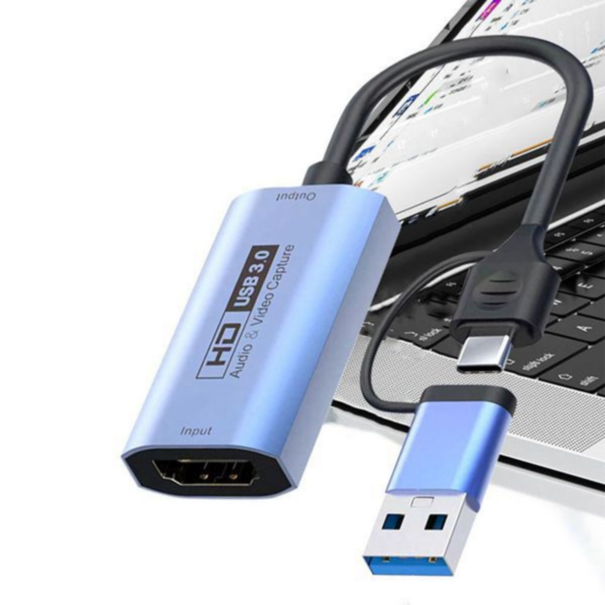 Blauer USB 3.0 Audio-Video-Capture-Adapter mit HDMI-Eingang und USB-C-Ausgang.