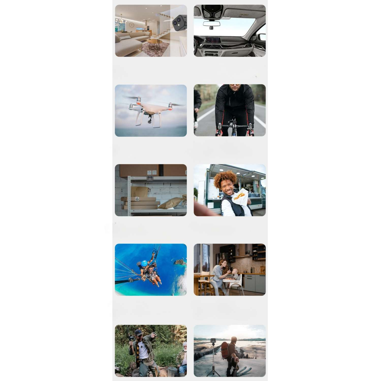 Eine Collage aus neun kleinen quadratischen Bildern, die ein Wohnzimmer, einen Autoinnenraum, eine Drohne, einen Radfahrer, ein Lagerhaus, einen Lebensmittelhändler, Paraglider, eine Frau mit Baby und einen Skifahrer zeigen.