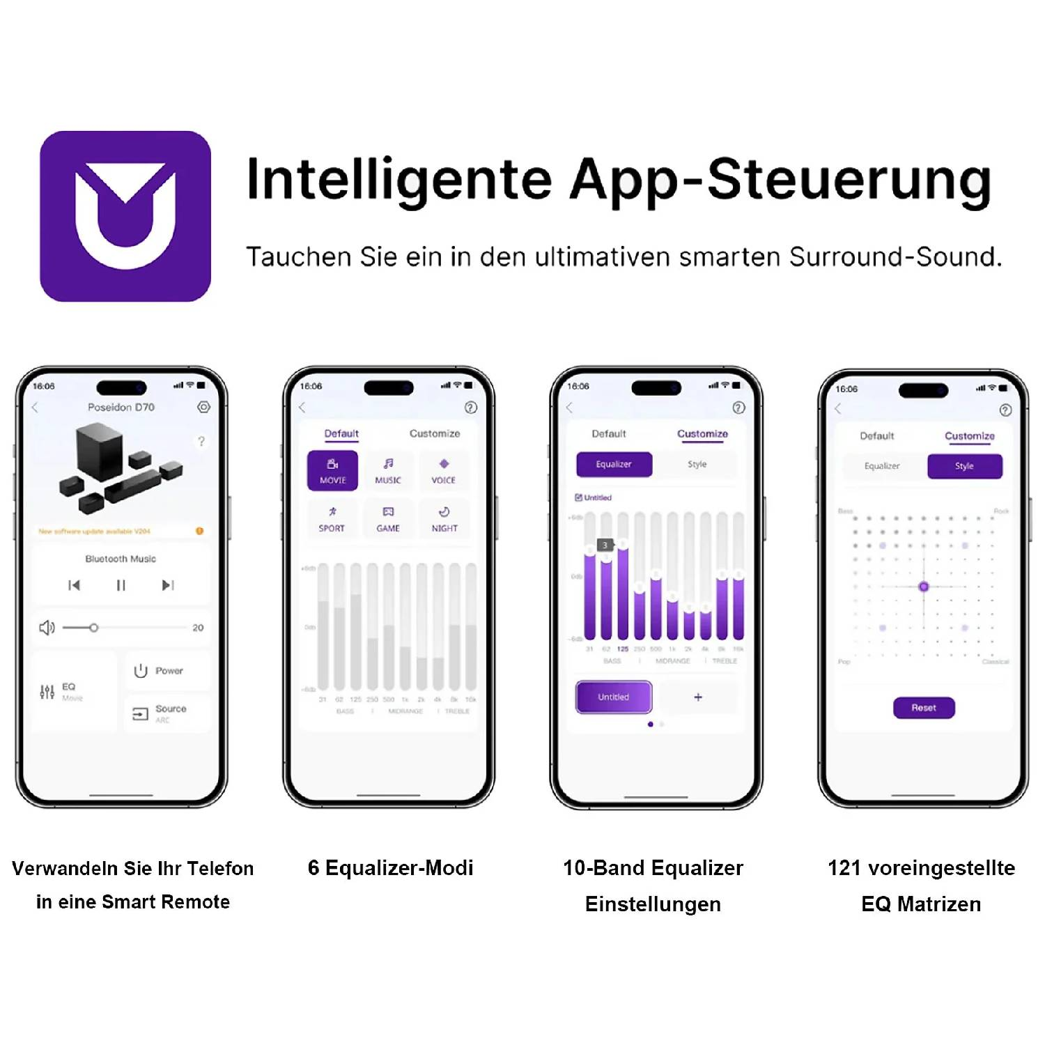 Contrôle d'application avec quatre écrans de téléphone : haut-parleurs, modes EQ, égaliseur 10 bandes, matrices EQ.