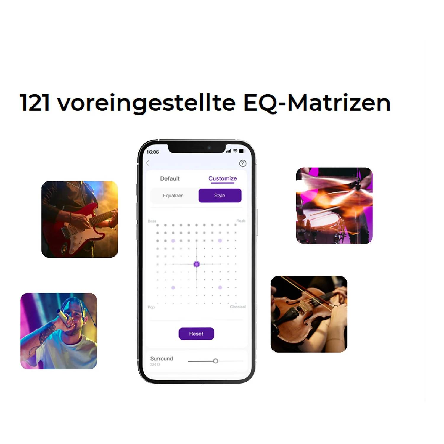Écran d'application avec réglages d'égaliseur, entouré de musiciens et d'instruments.