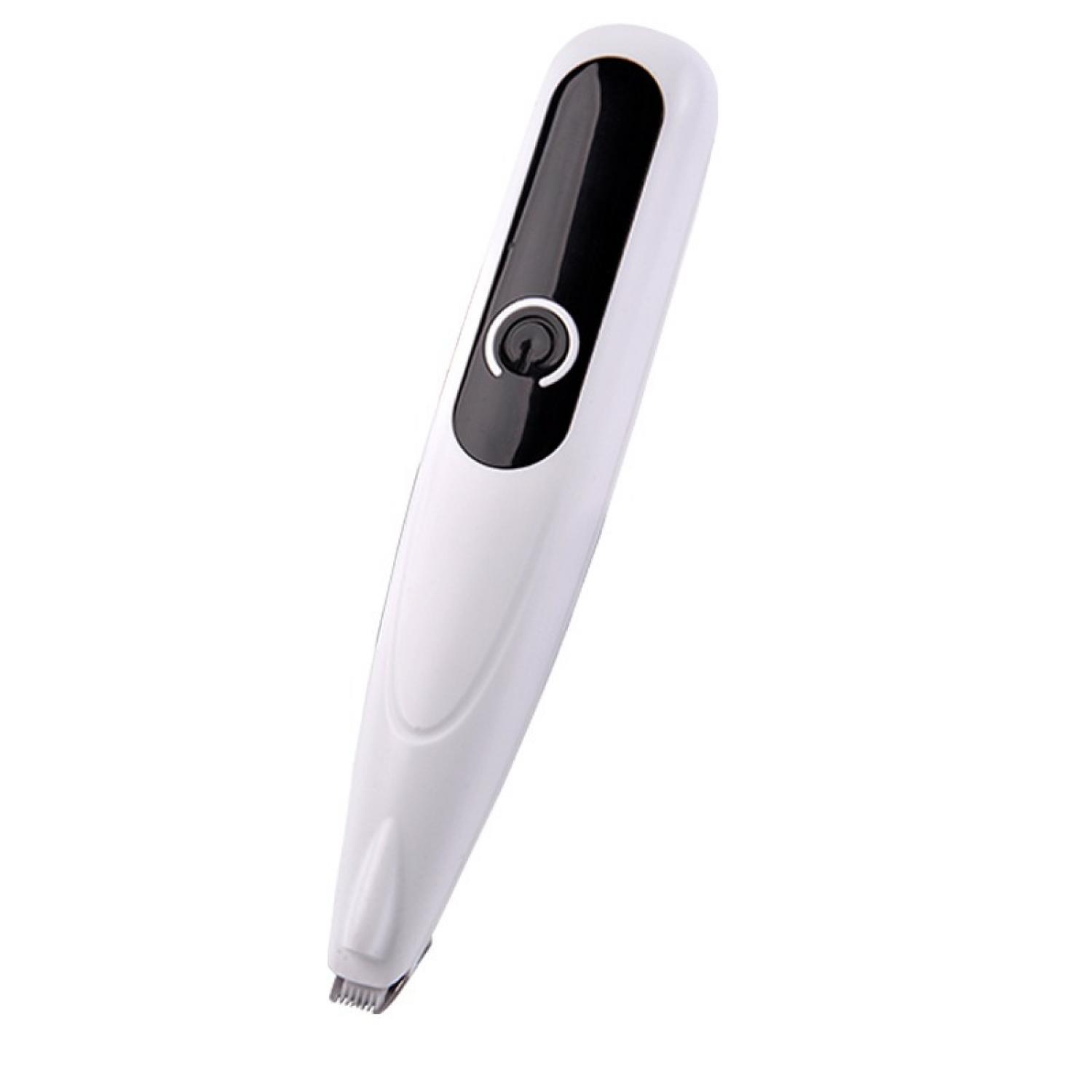 Ein weißer, stiftartiger Trimmer mit schwarzem Bedienelement und Ladeanzeige.