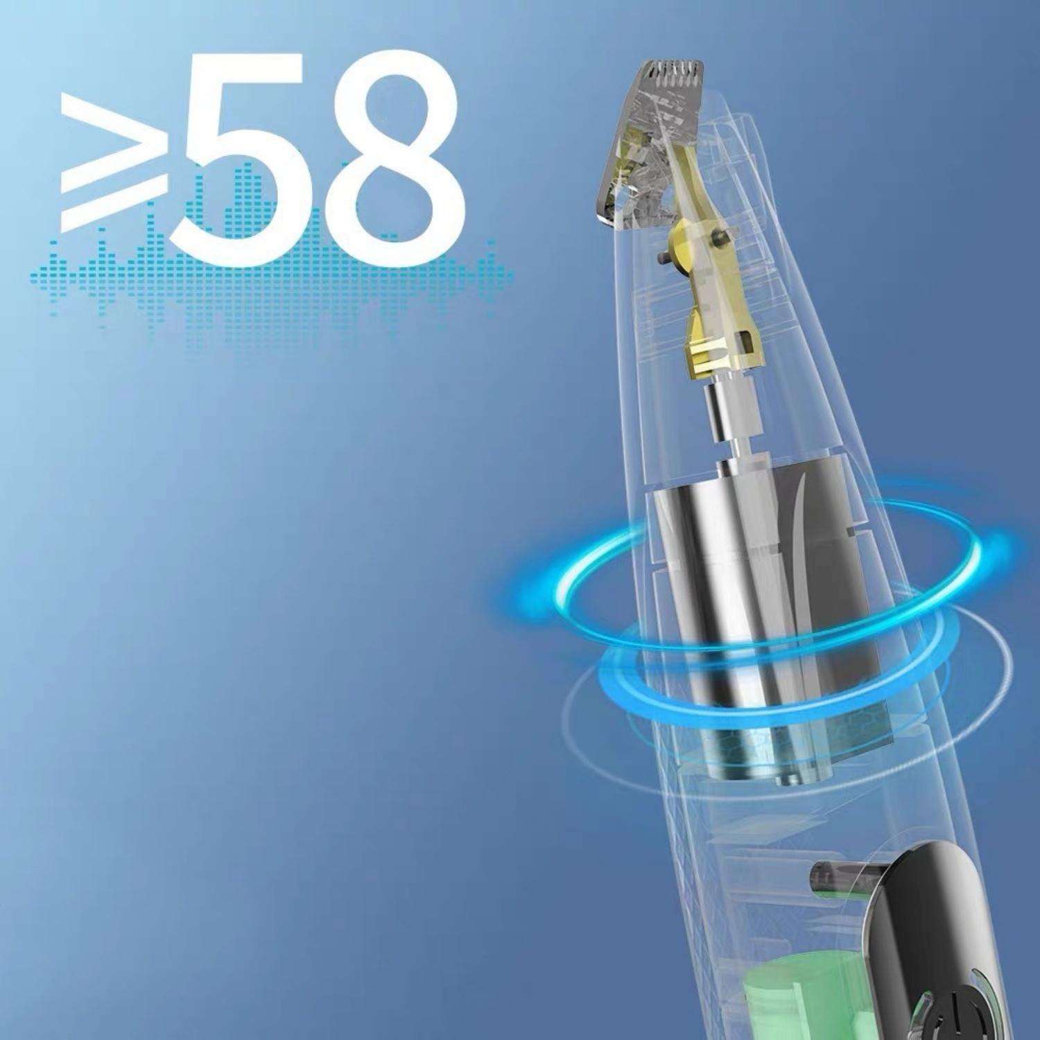 Transparente Nahaufnahme eines Trimmers mit silbernen Klingen und blauem Leuchten.