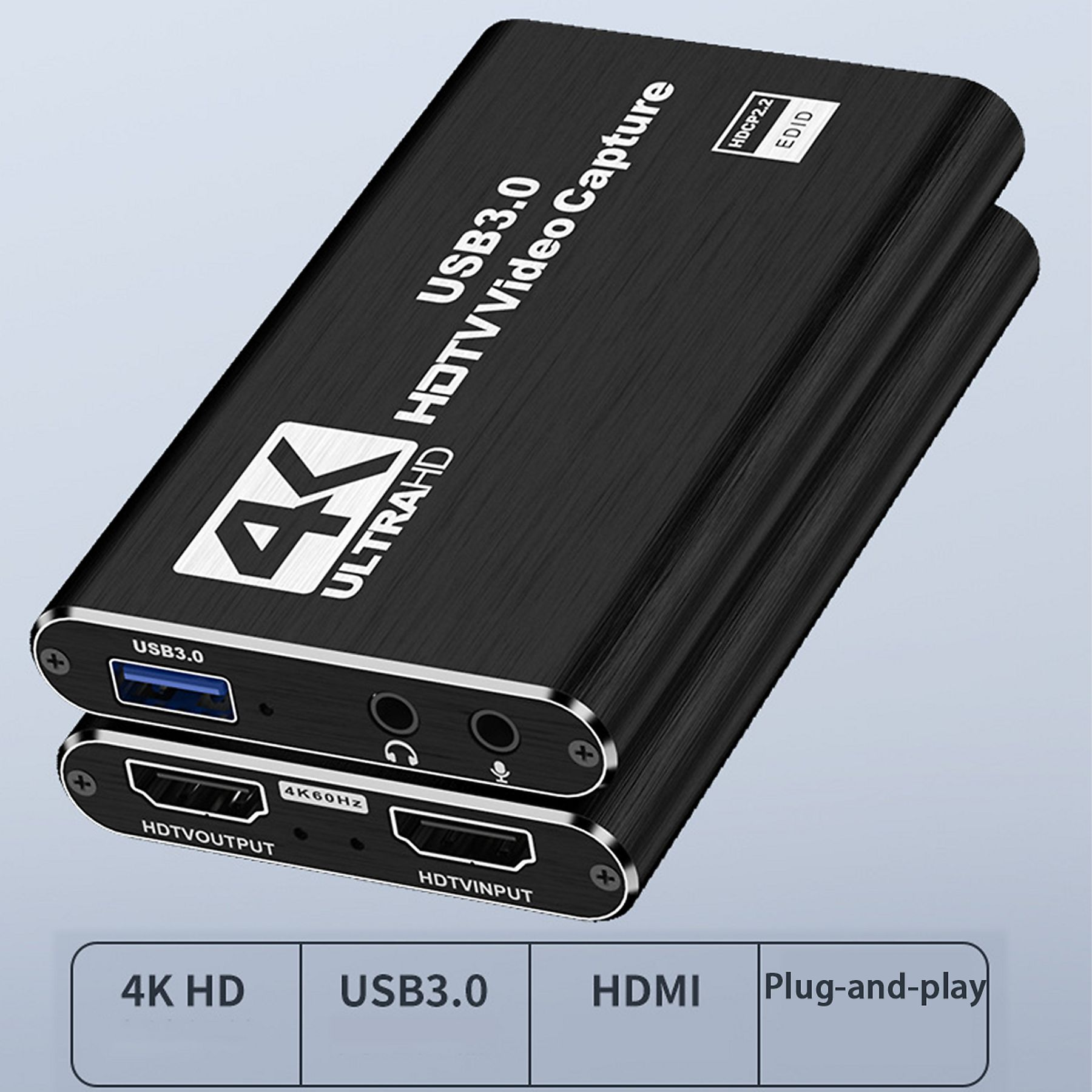 Ein schwarzes USB 3.0 HDTV Video Capture Gerät mit Anschlüssen.