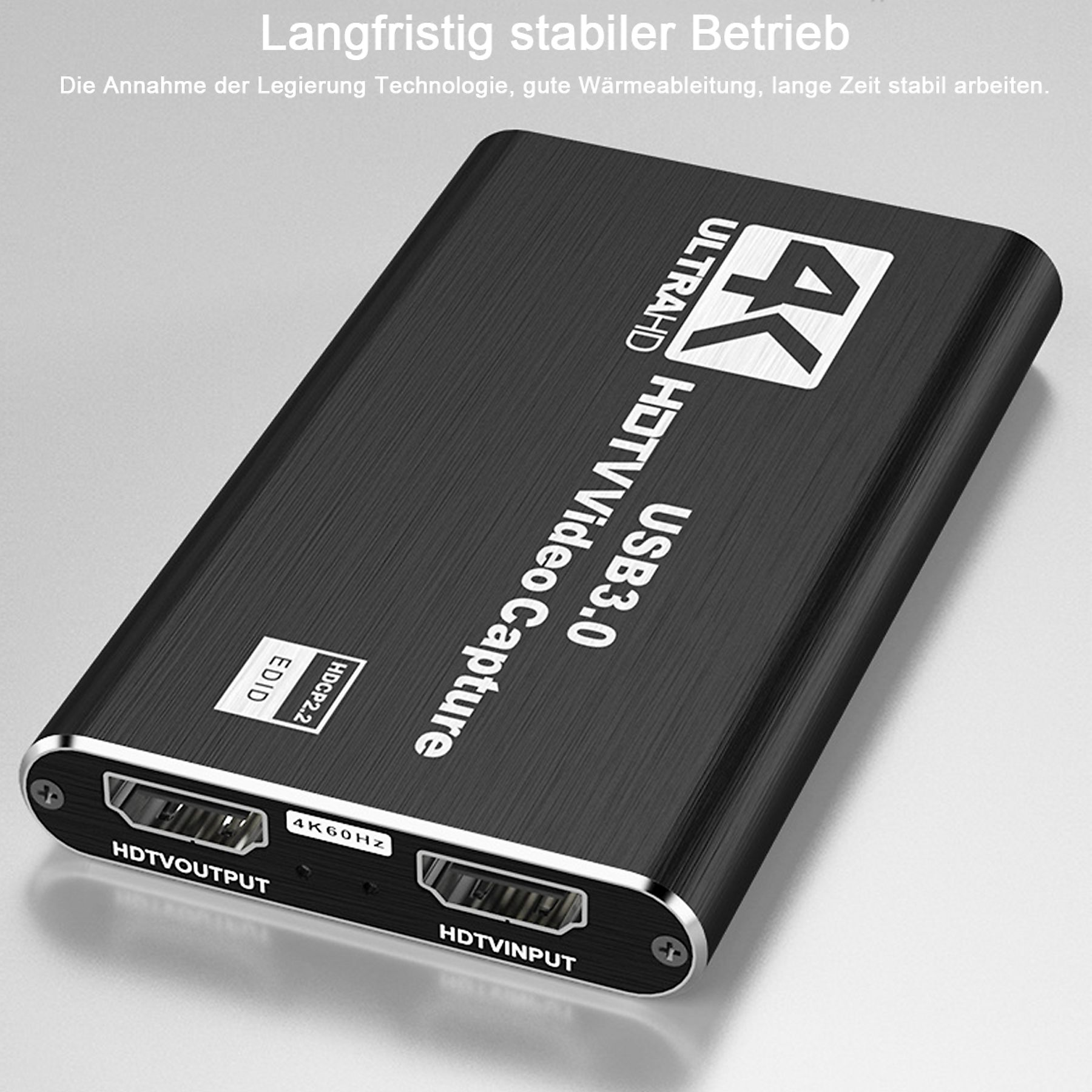 Ein schwarzes 4K HDTV-Videoerfassungsgerät mit USB 3.0-Anschluss.