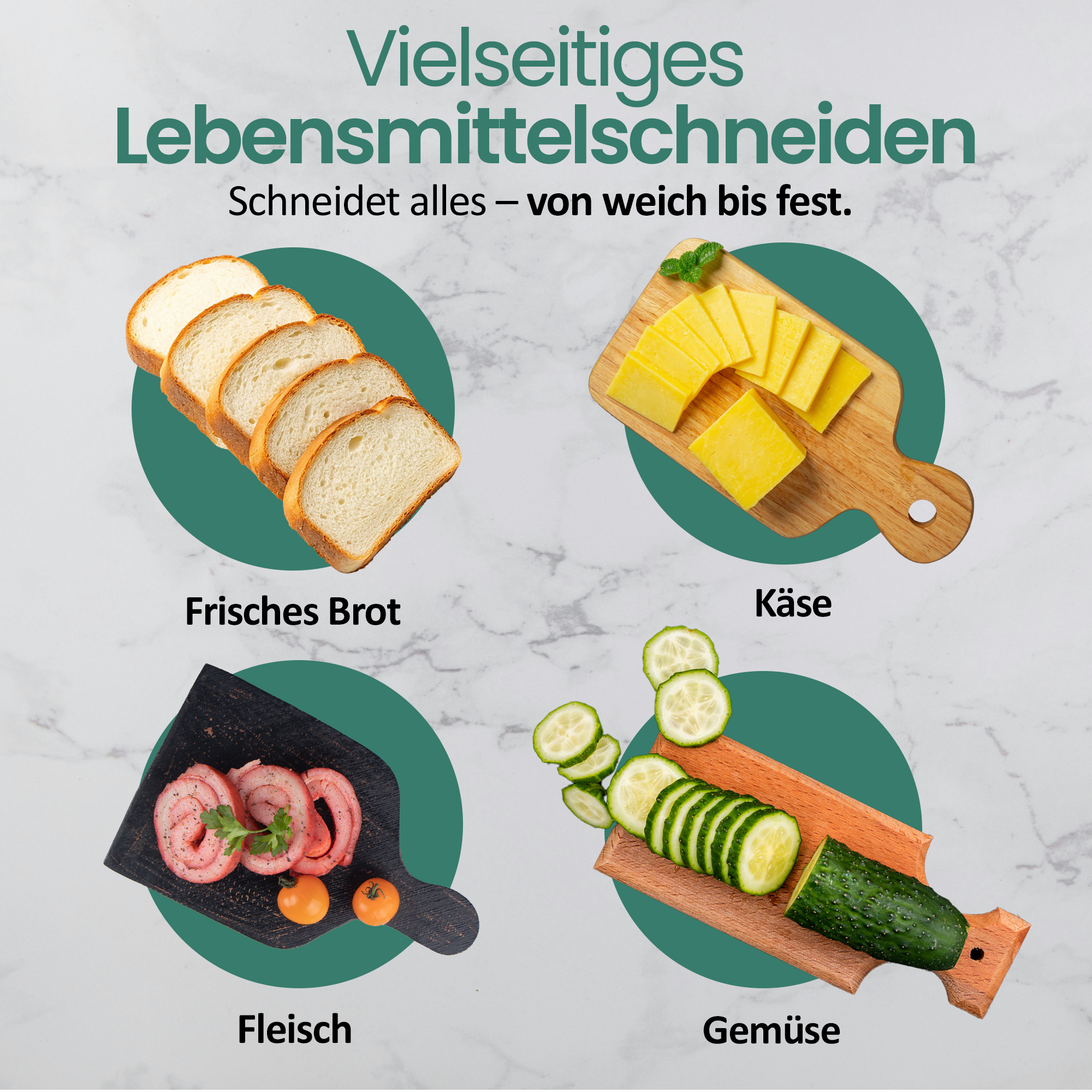 Vier Lebensmittel: Brot, Käse, Fleisch und Gemüse auf Marmorhintergrund.