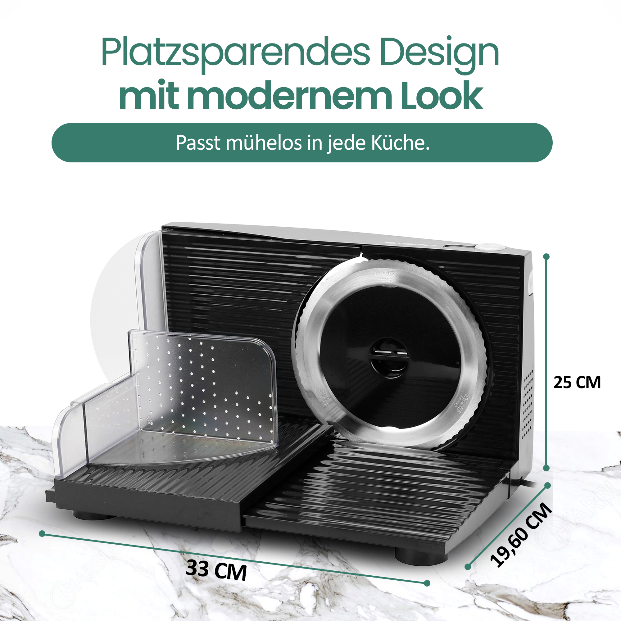 Schwarzer elektrischer Allesschneider mit Metallklinge auf Marmoruntergrund.