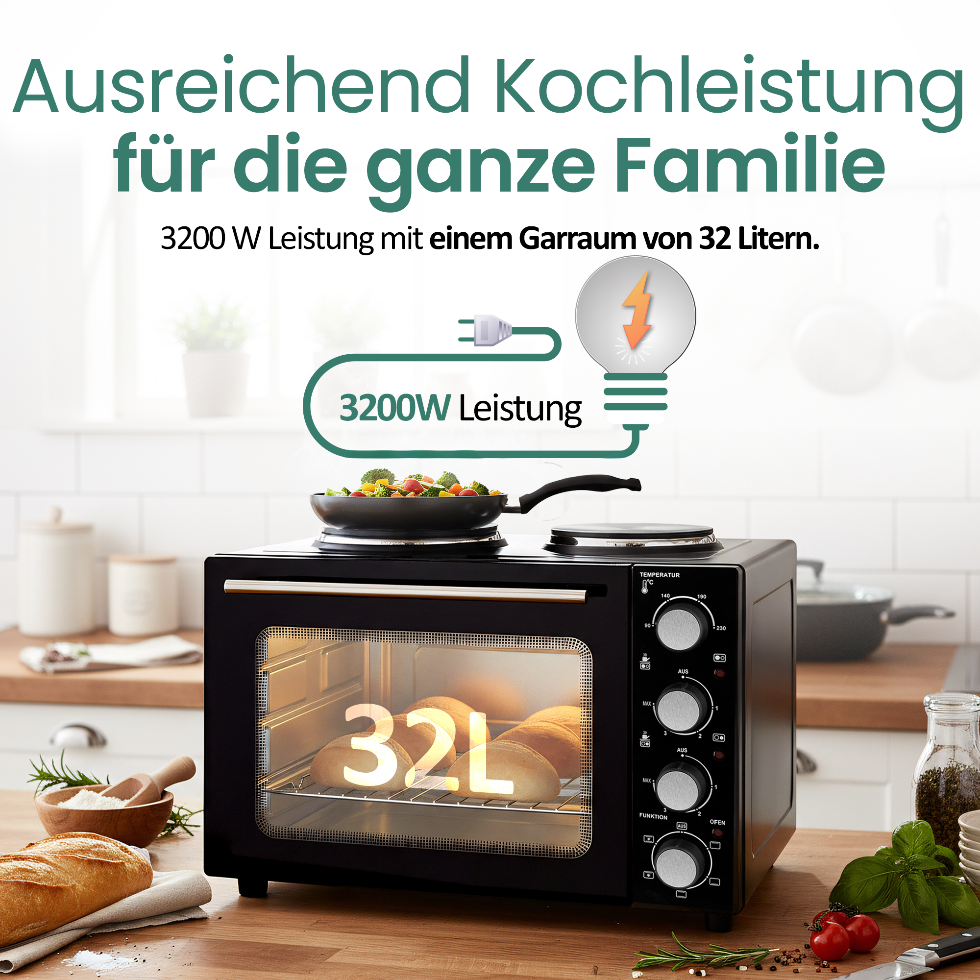 Schwarzer Ofen mit 32L Fassungsvermögen, Kochtopf auf Oberseite, Brot und Kräuter daneben.