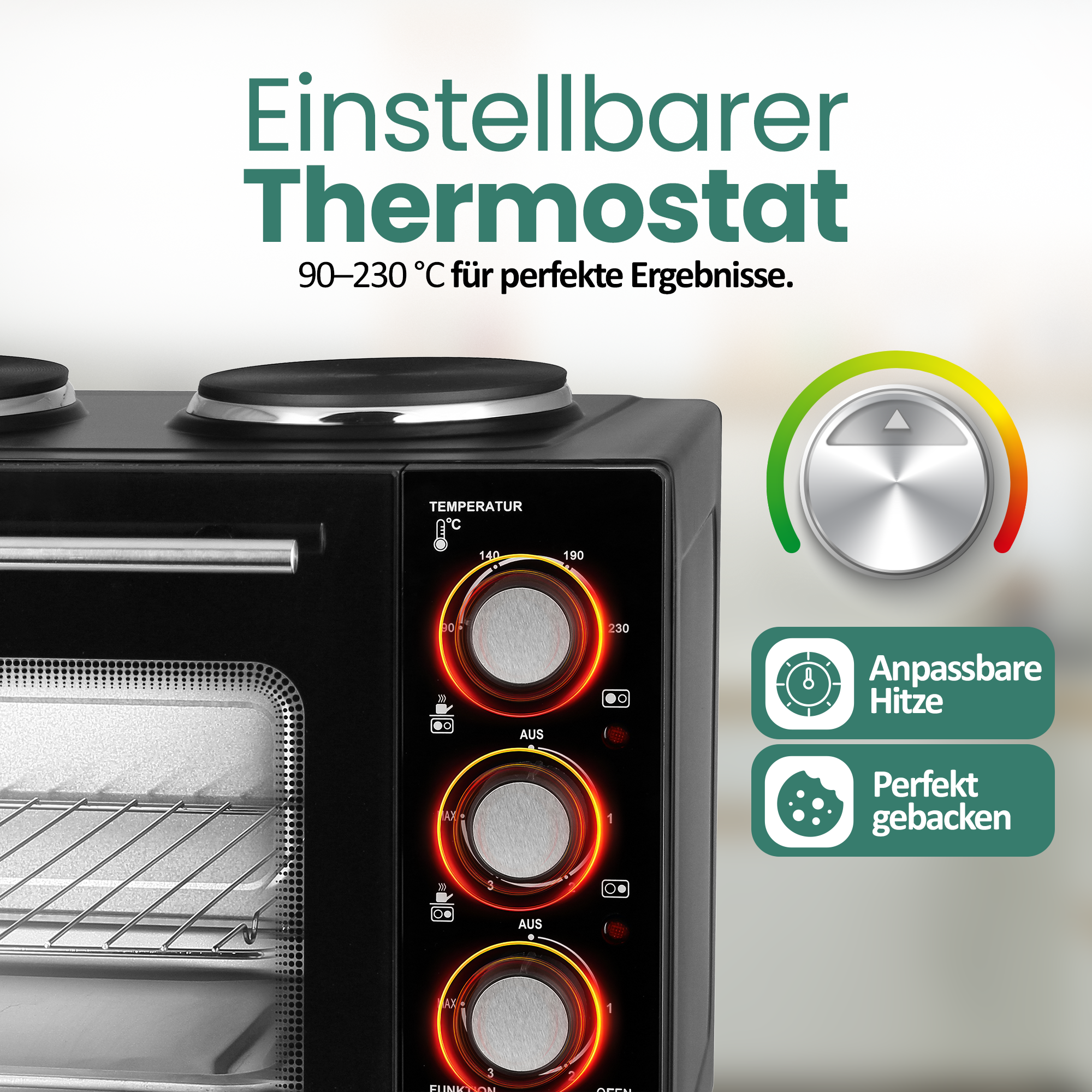 Schwarzer Ofen mit Temperaturreglern und Heizindikator.