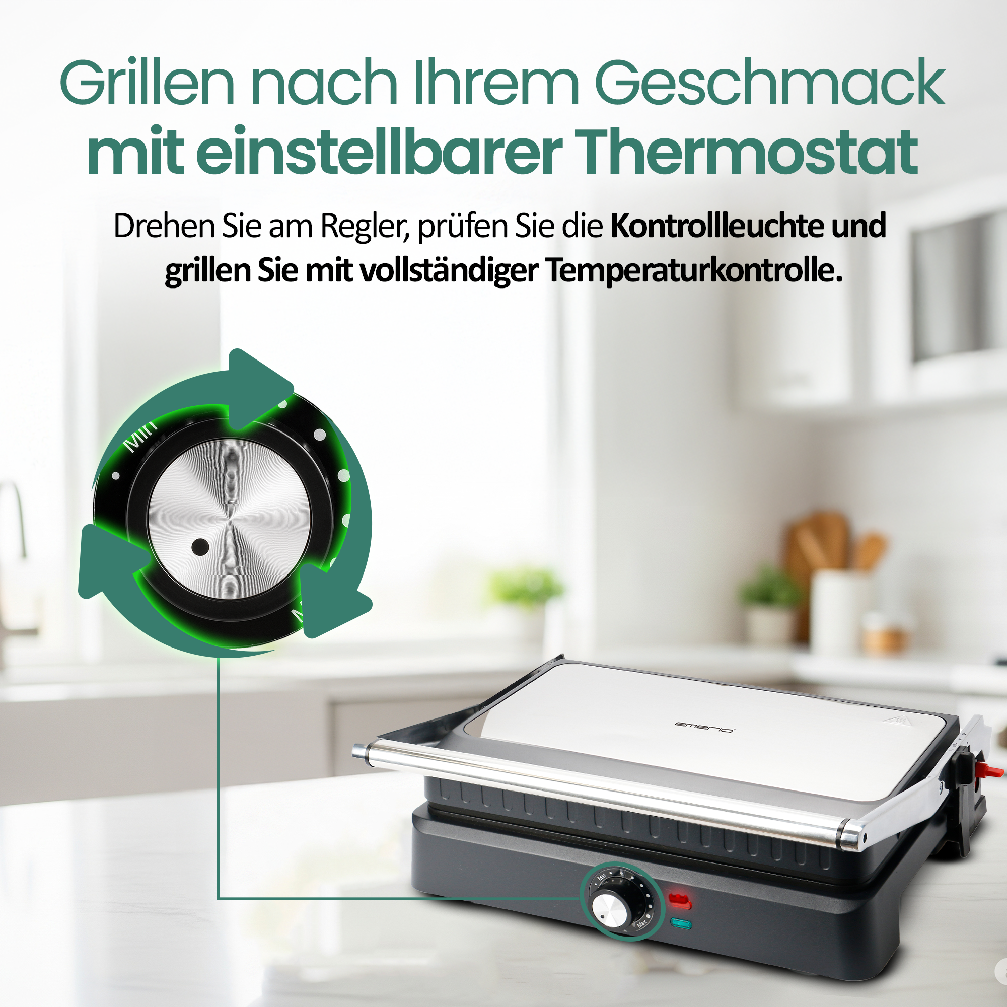 Ein Kontaktgrill mit einstellbarem Thermostat und Drehregler.