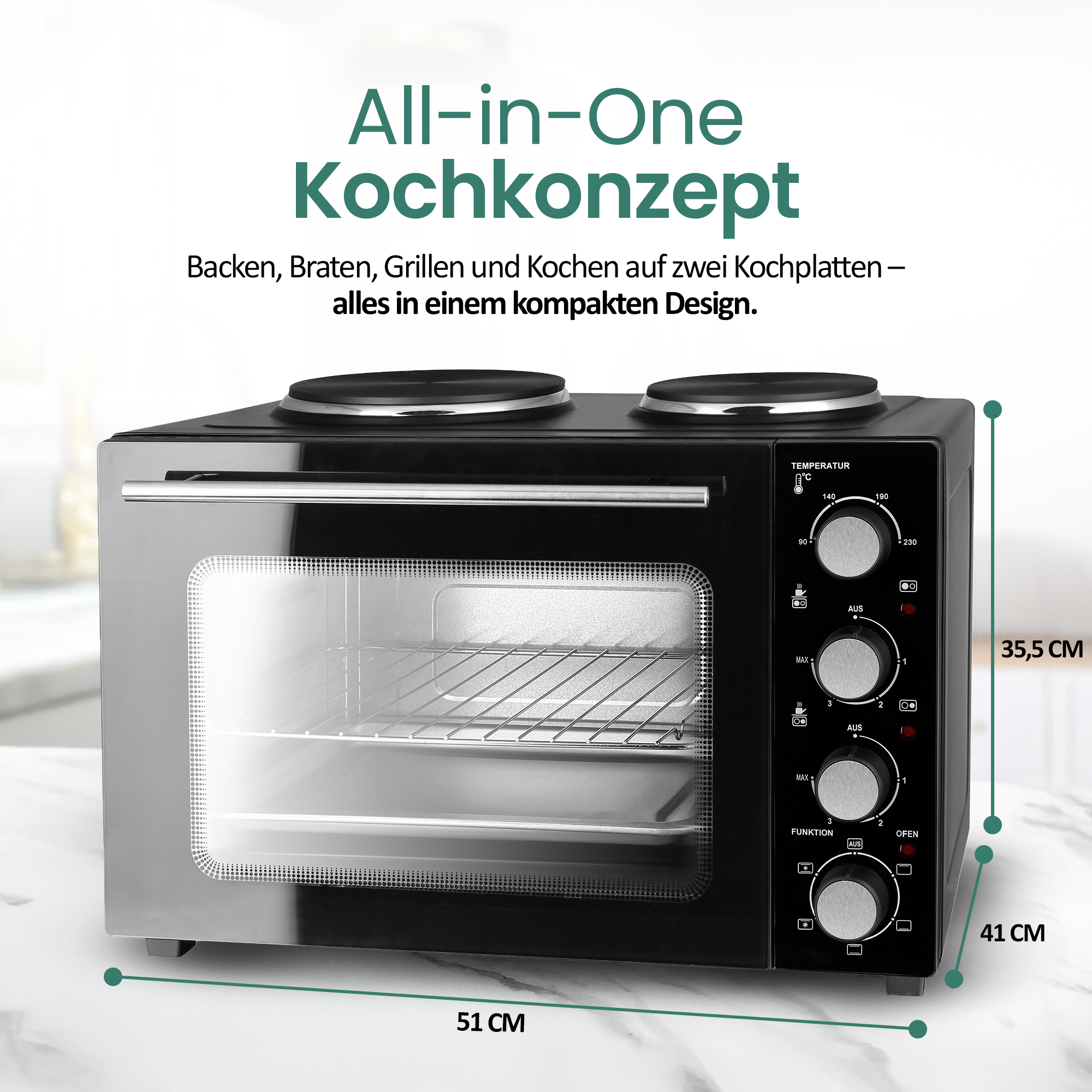 Ein schwarzer Kompakt-Ofen mit zwei Kochplatten und Bedienelementen.