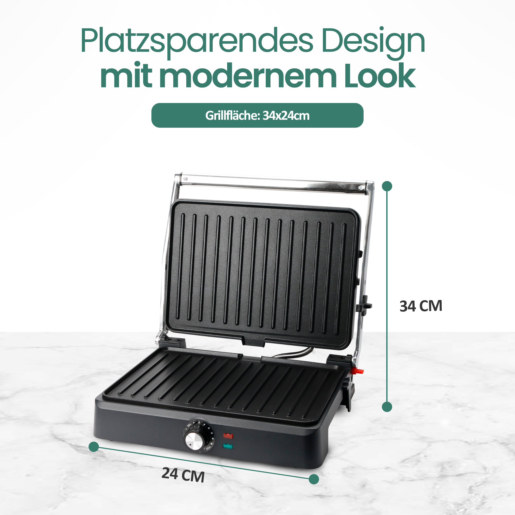 Ein offener Kontaktgrill mit geriffelten Platten und Maßen von 34x24cm.