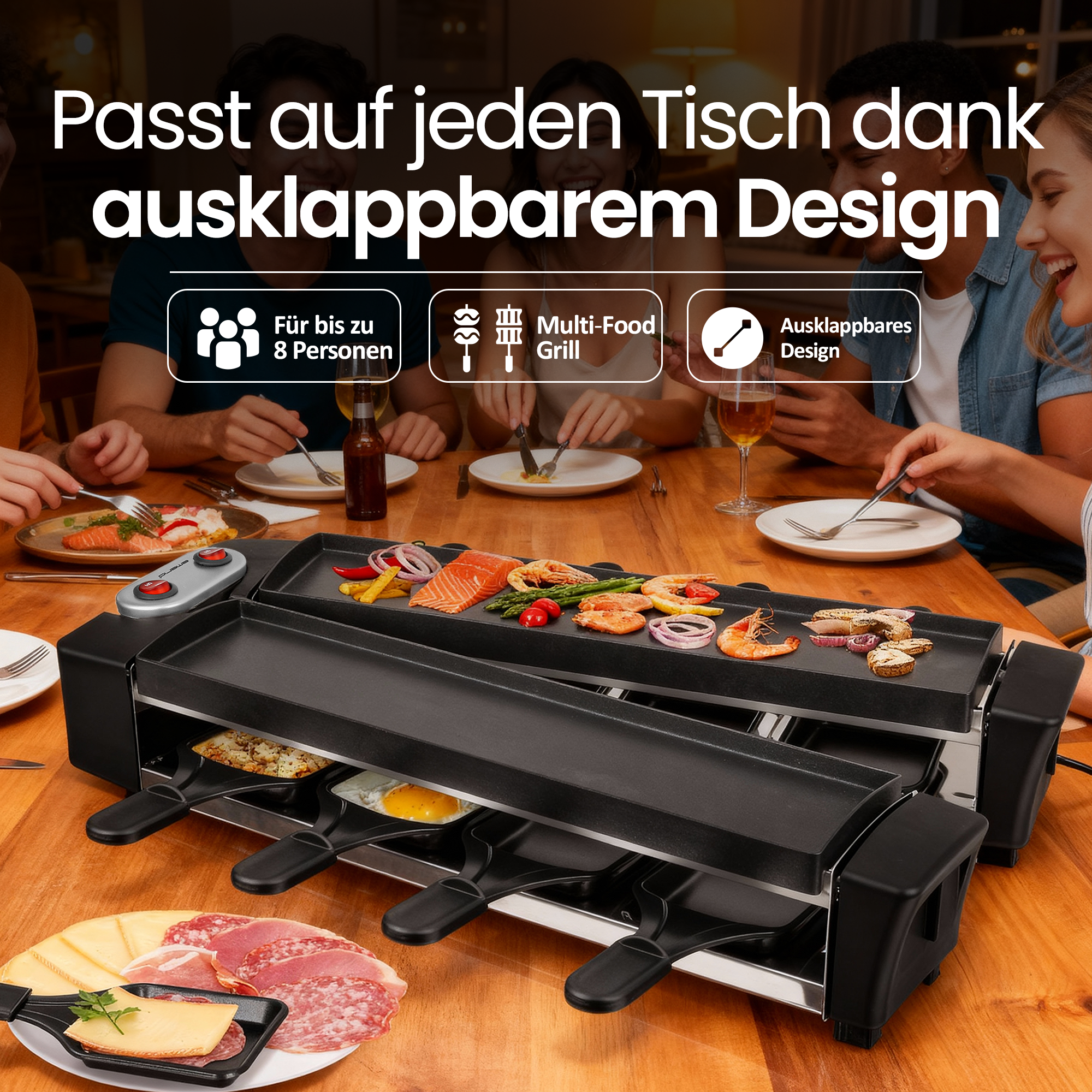 Ein Raclettegrill mit Essen für 8 Personen auf einem Holztisch.