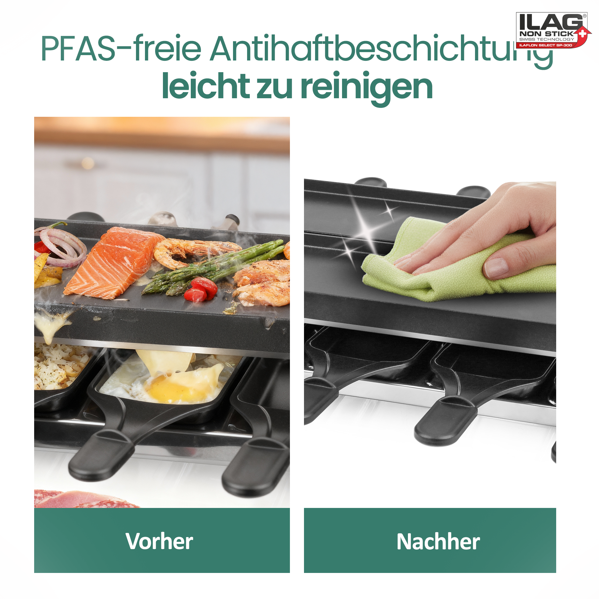 Raclette mit Fisch, Garnelen, Gemüse und Käse. Rechts wird die Platte gereinigt.