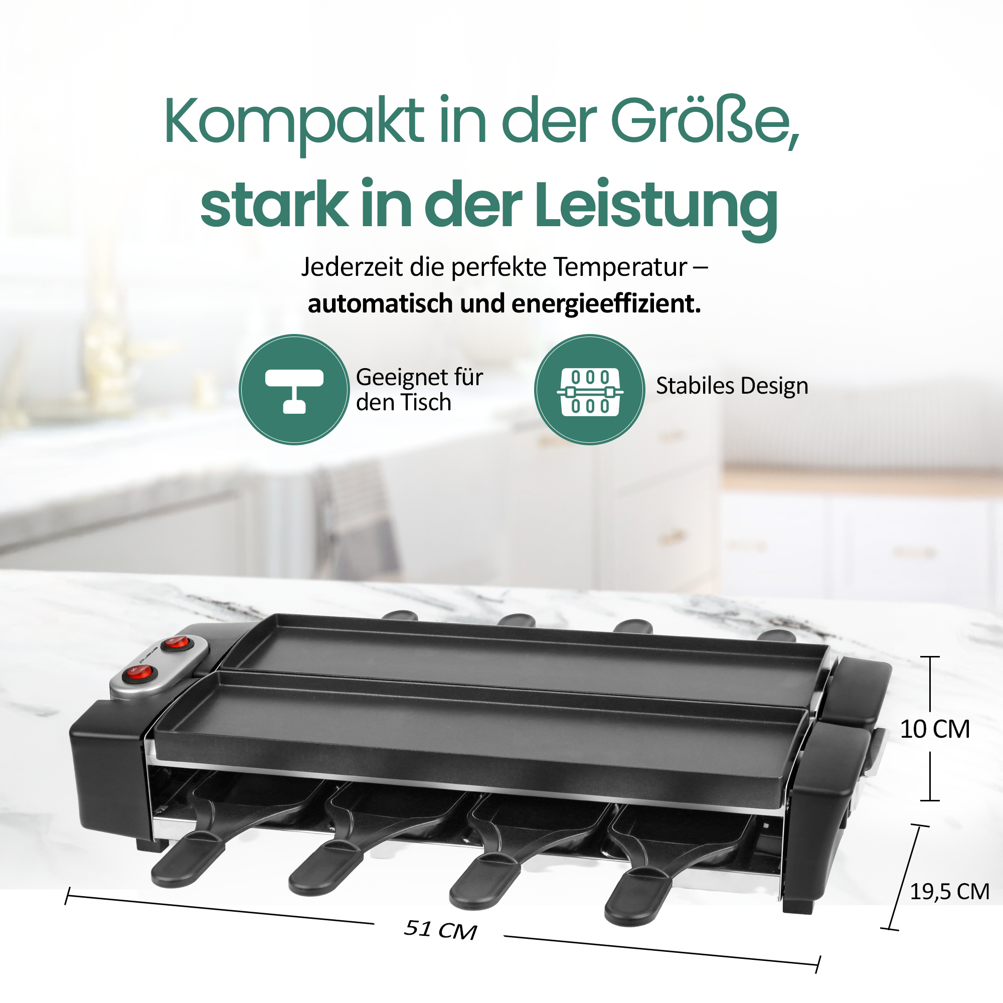 Ein schwarzer Raclette Grill mit vier Pfännchen auf einem Marmortisch.