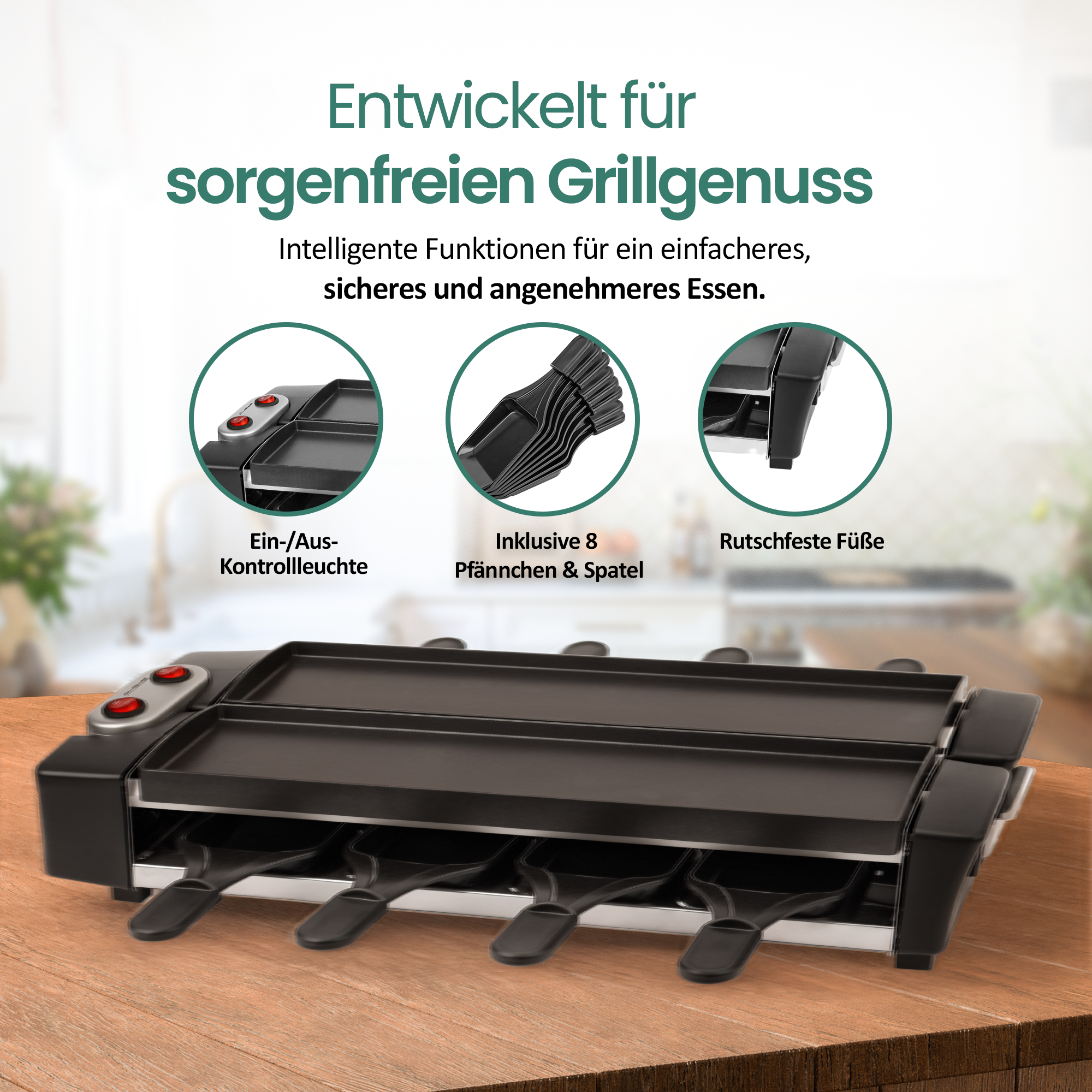 Ein Raclette-Grill mit 8 Pfännchen und Spateln auf einem Holztisch.