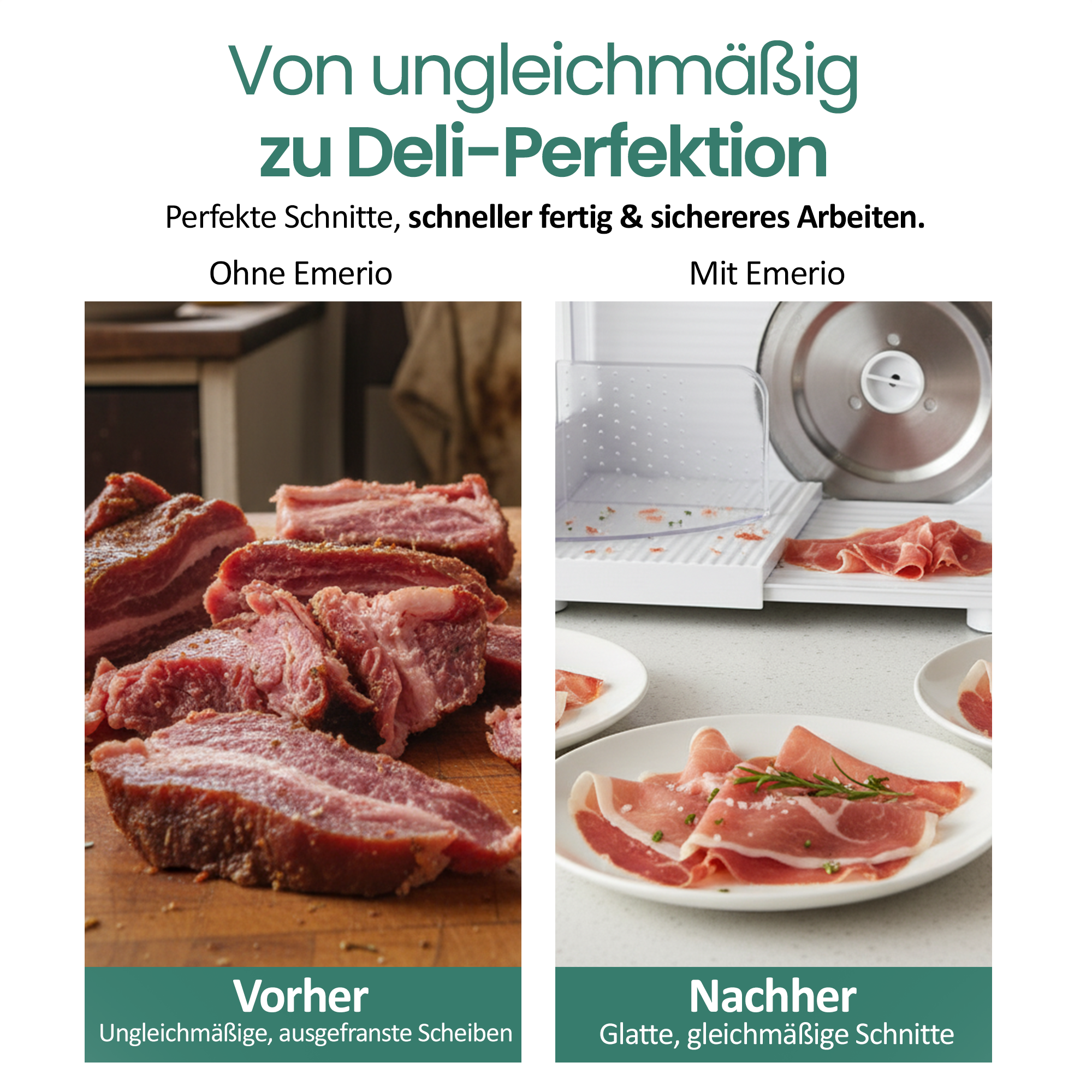 Vorher: Ungleichmäßige Fleischscheiben. Nachher: Gleichmäßige Scheiben.