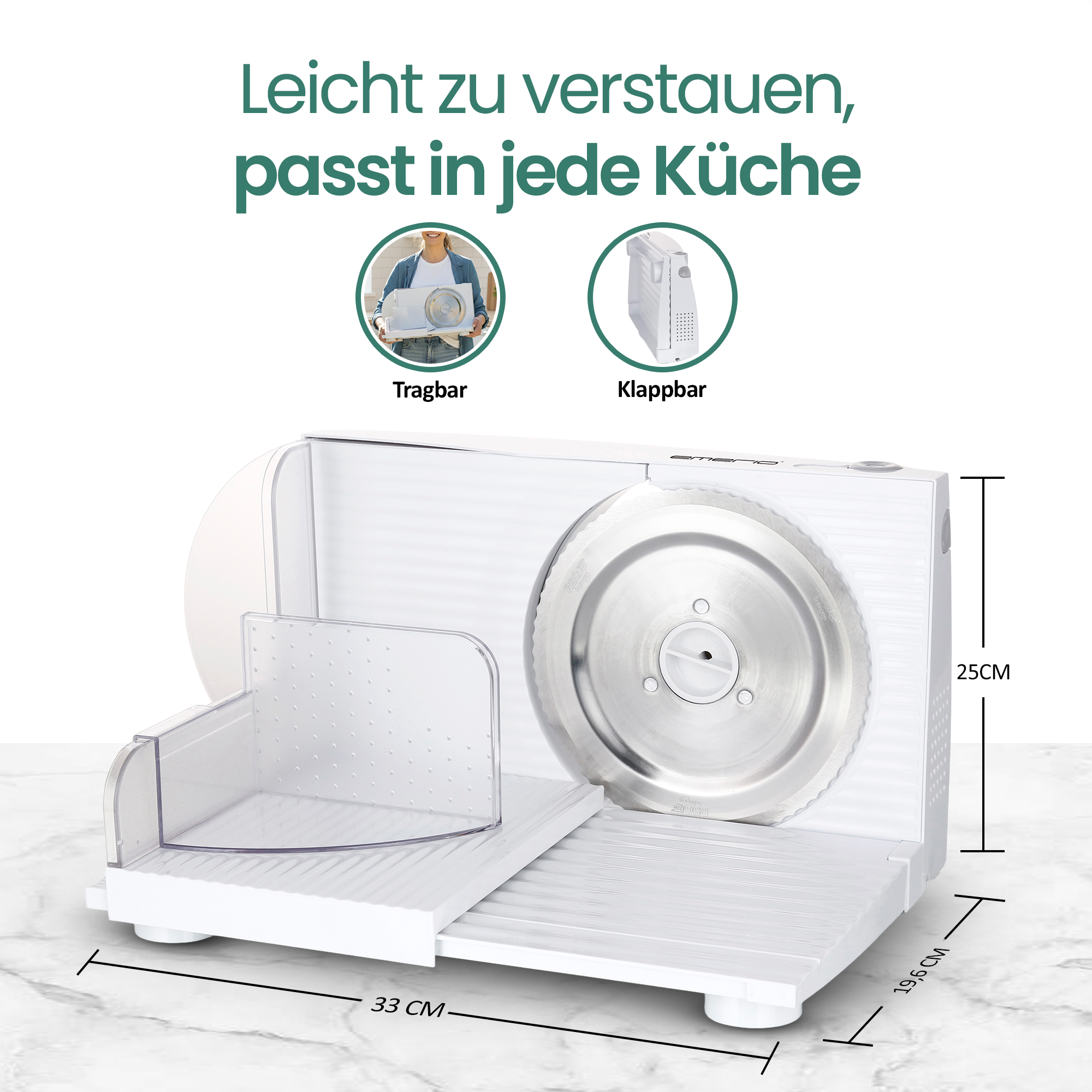 Weiße elektrische Aufschnittmaschine mit silberner Klinge, Maße 33x19,6x25cm.