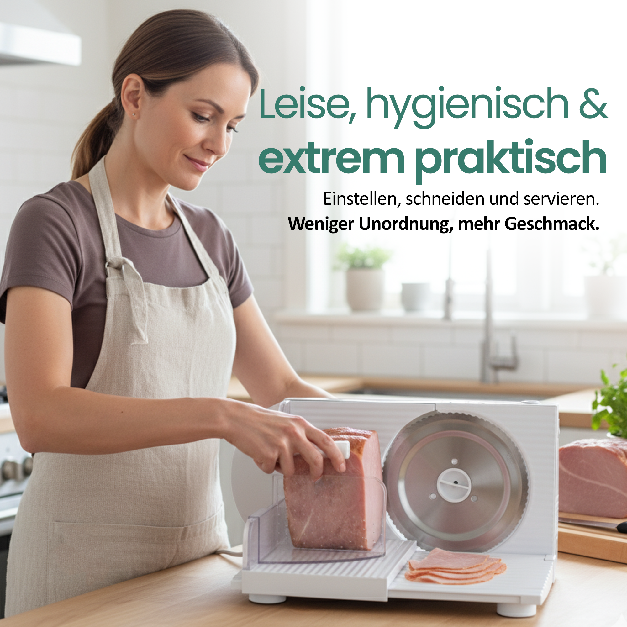 Eine Frau schneidet Schinken mit einem elektrischen Schneider in einer Küche.