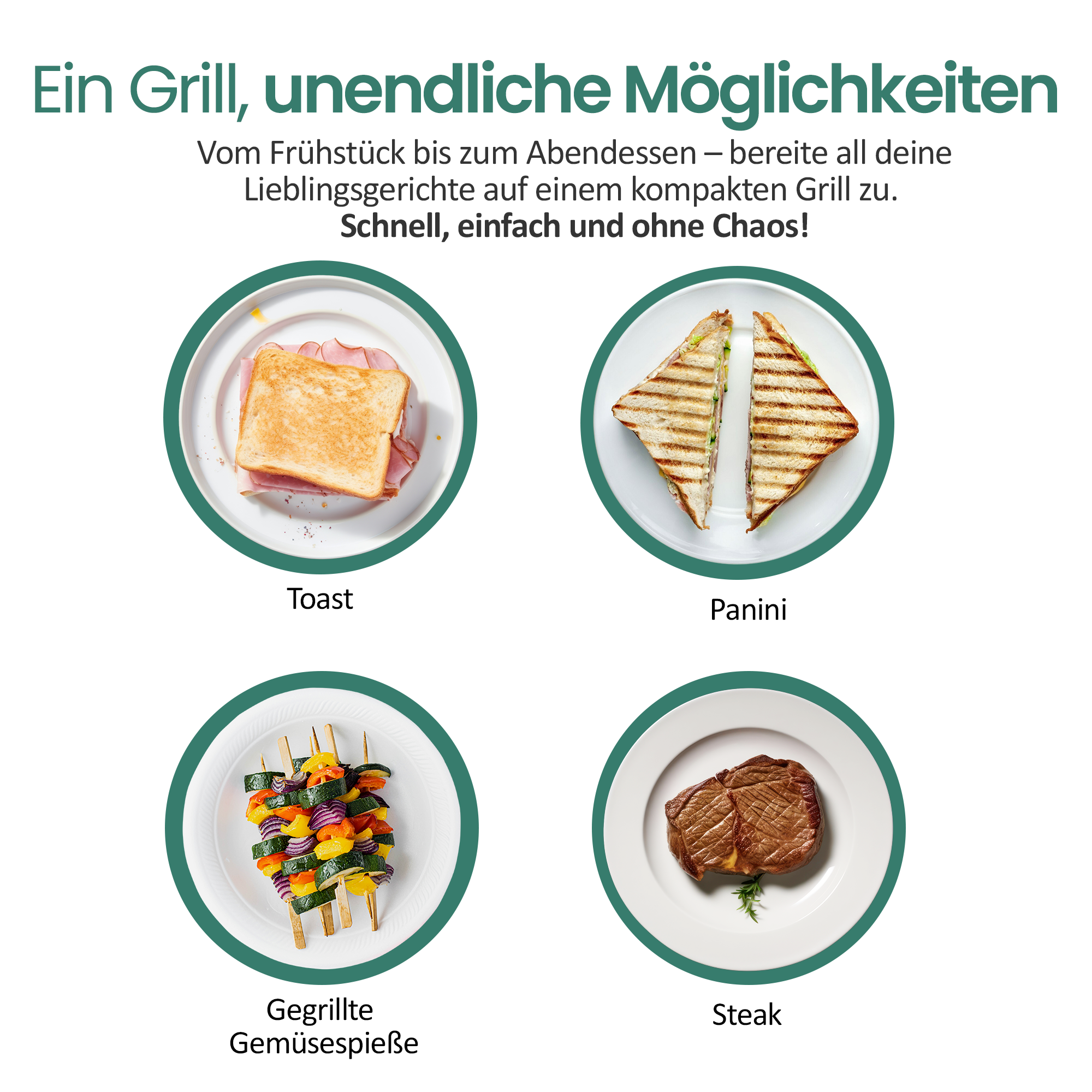Ein Toast mit Schinken, Panini, Gemüsespieße und Steak.