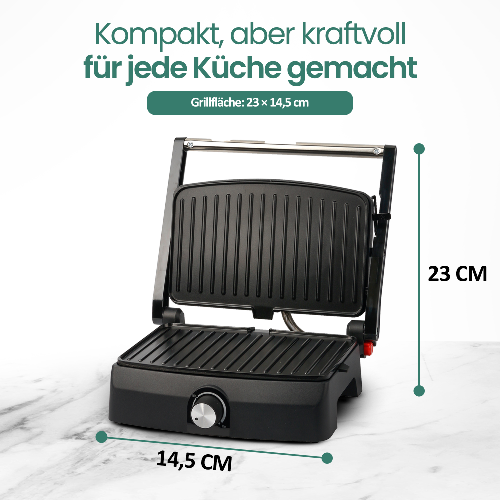 Ein offener, schwarzer Kontaktgrill mit geriffelten Platten. Maße 23x14,5 cm.