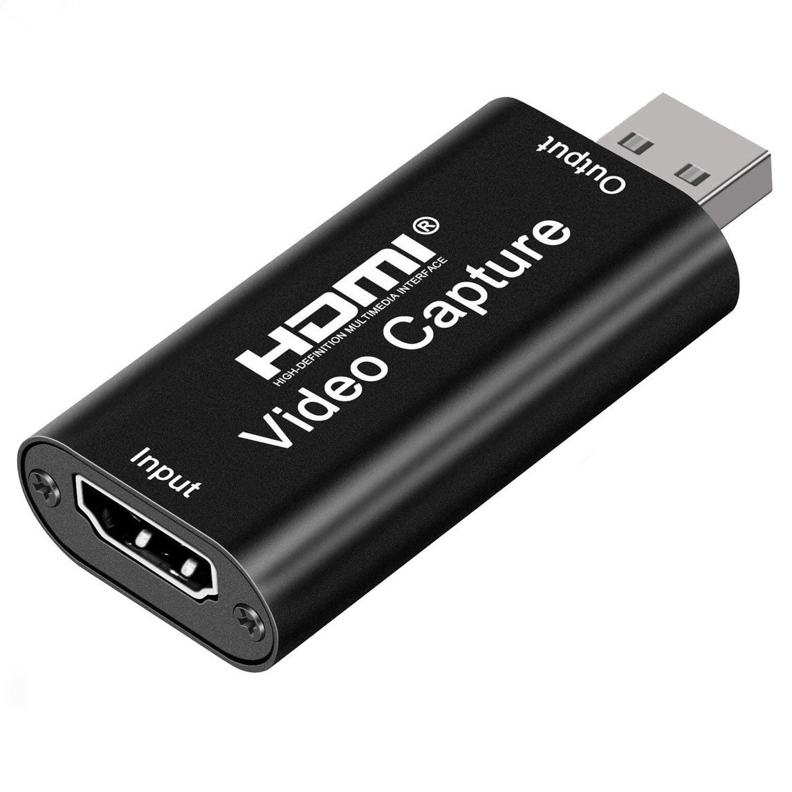 Schwarzer HDMI-Video-Capture-Adapter mit Ein- und Ausgangsanschlüssen.