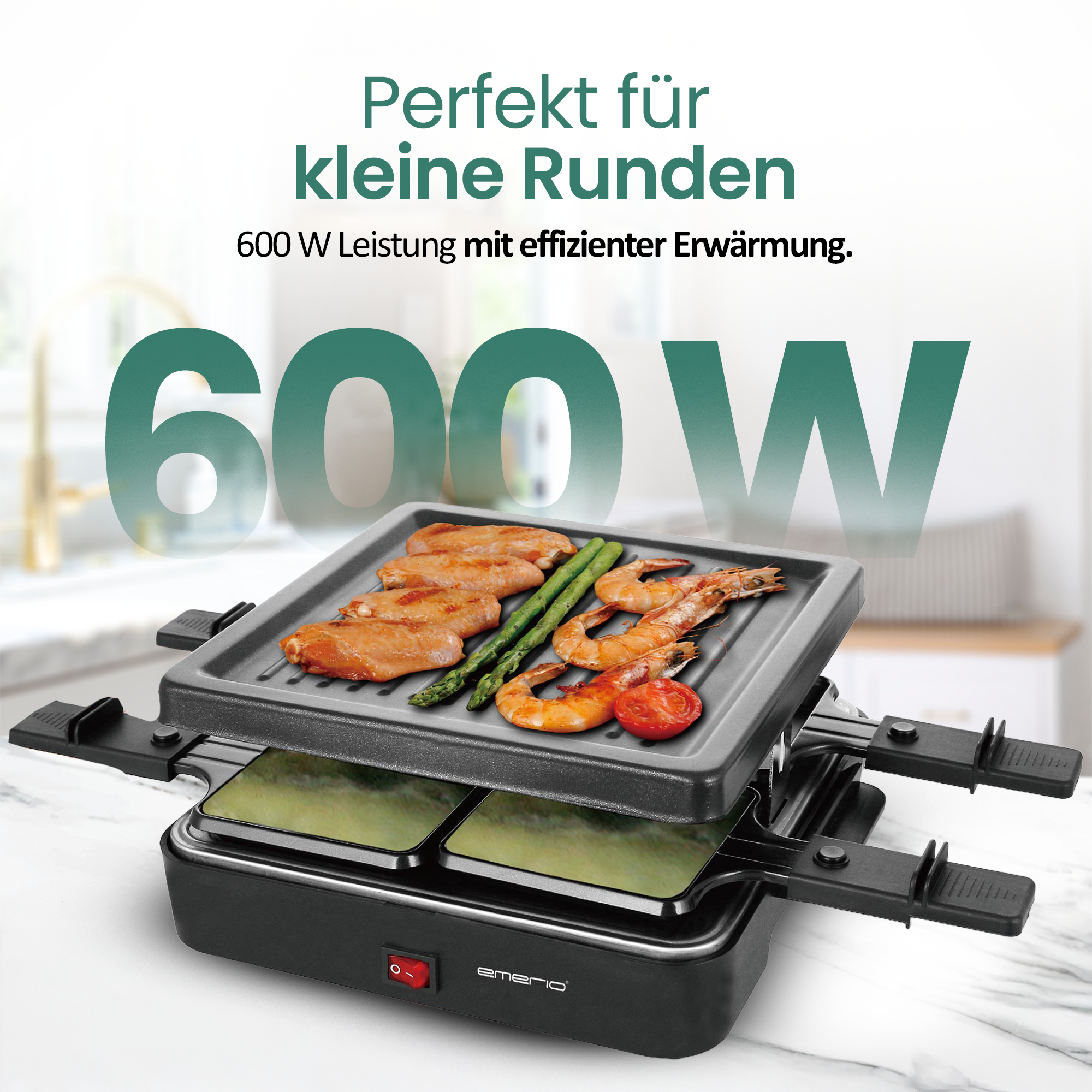 Ein Tischgrill mit Hähnchen, Garnelen und Spargel. 600W Leistung.
