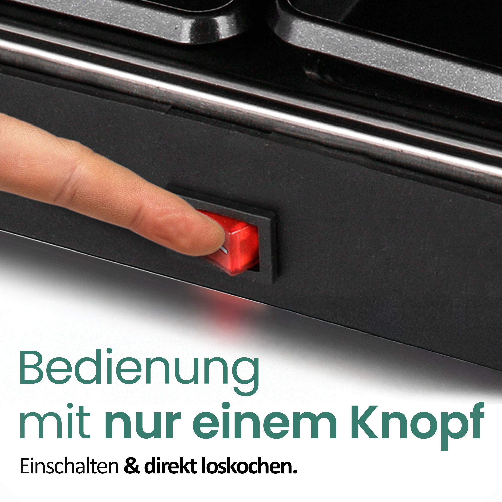 Ein Finger drückt einen roten Schalter an einem schwarzen Gerät.