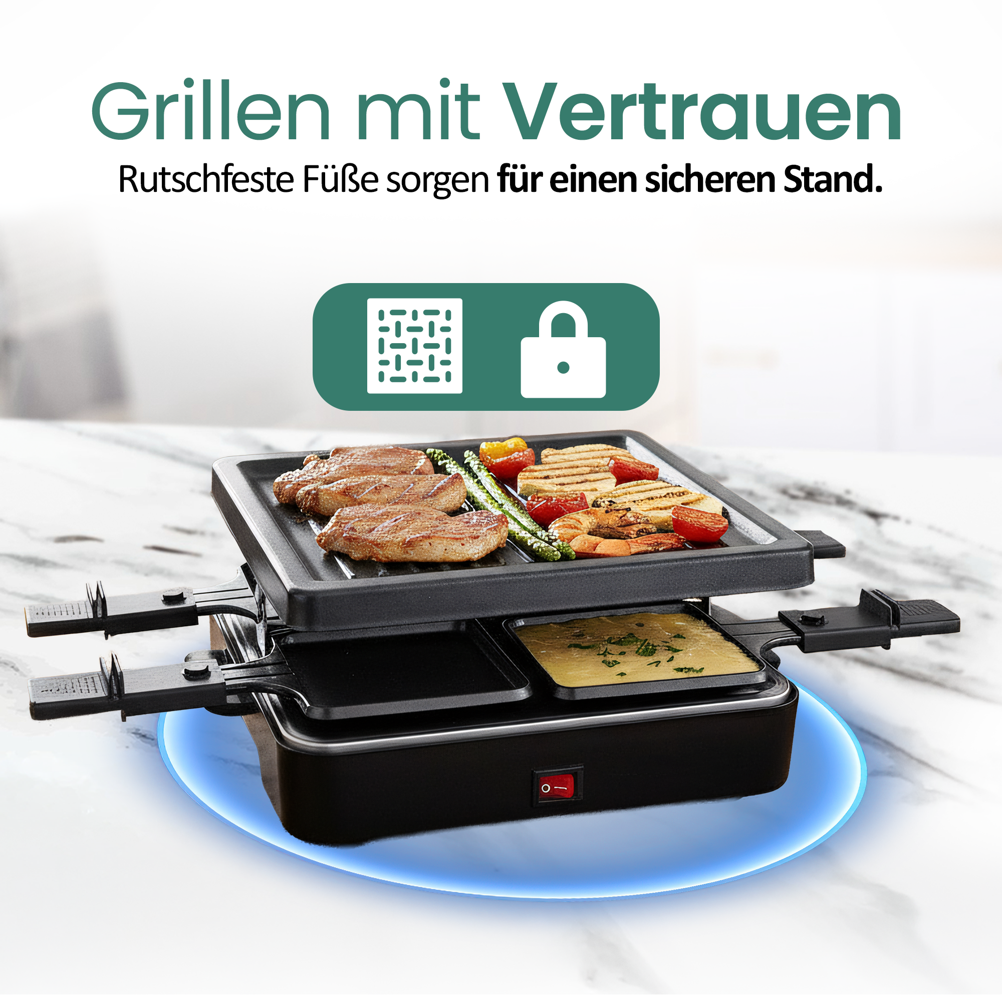 Raclette-Grill mit Fleisch, Spargel, Tomaten und Garnelen.