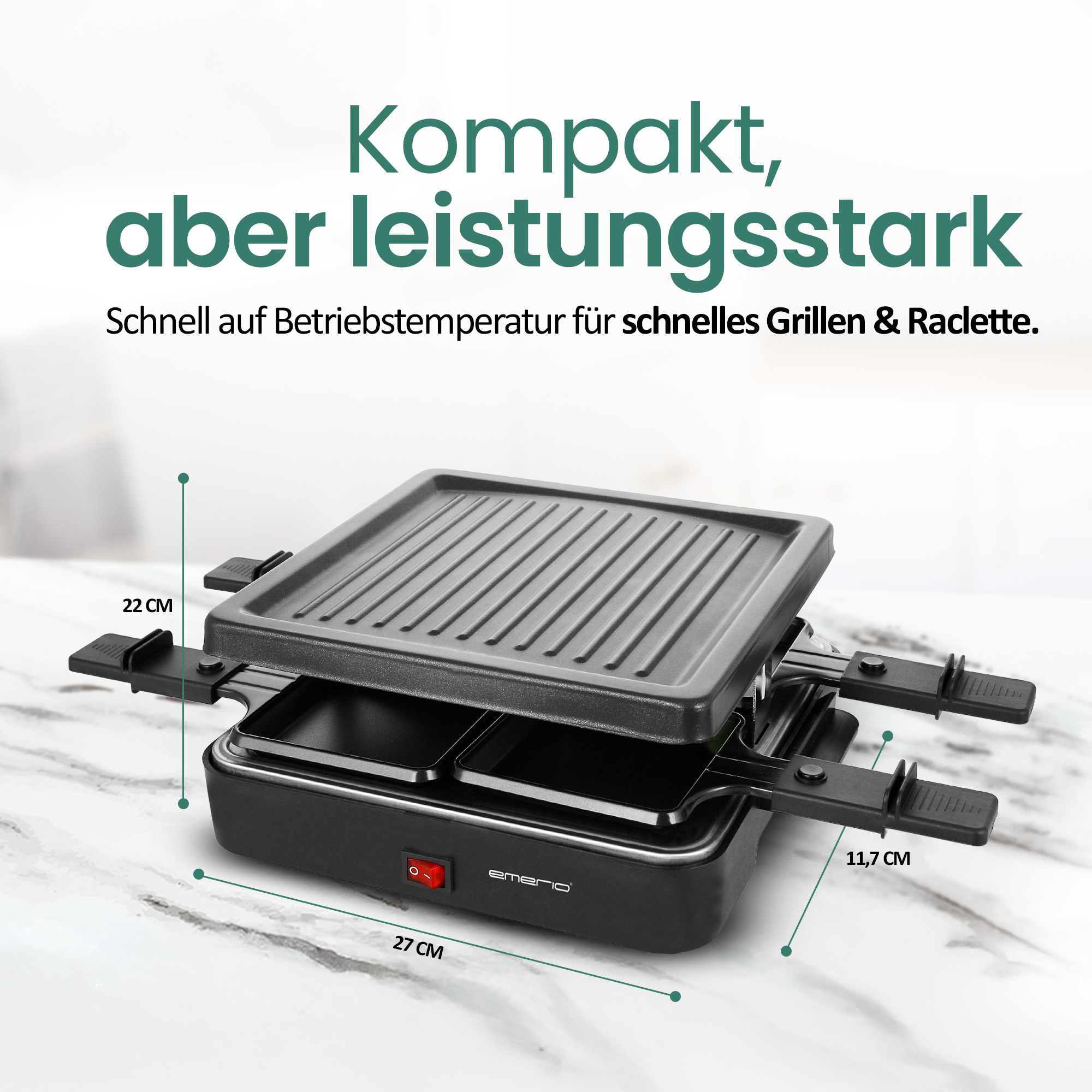 Kompakter Grill mit zwei Raclette-Pfännchen und roten Schalter.