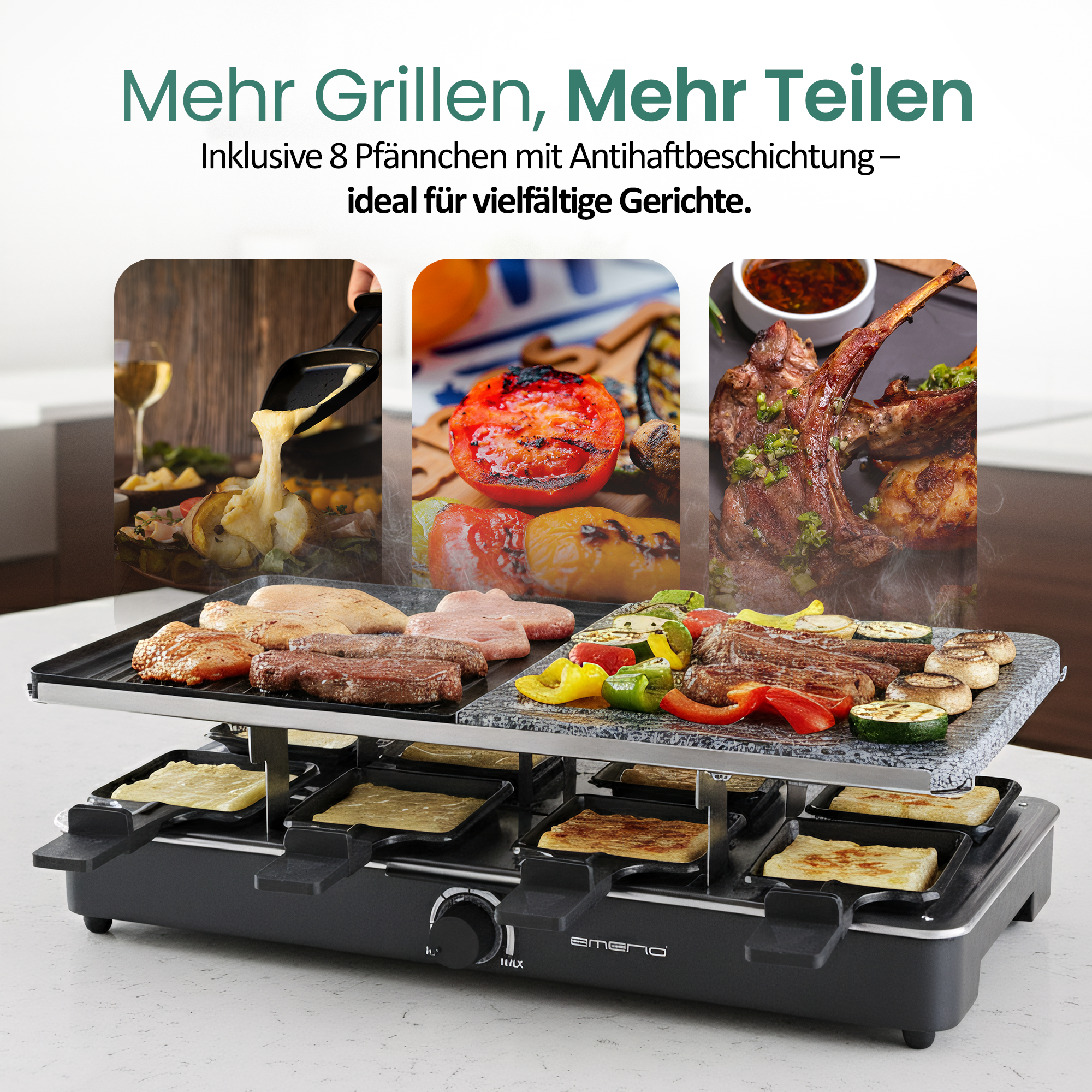 Ein Raclette-Grill mit Fleisch, Gemüse und Pfännchen mit Käse.