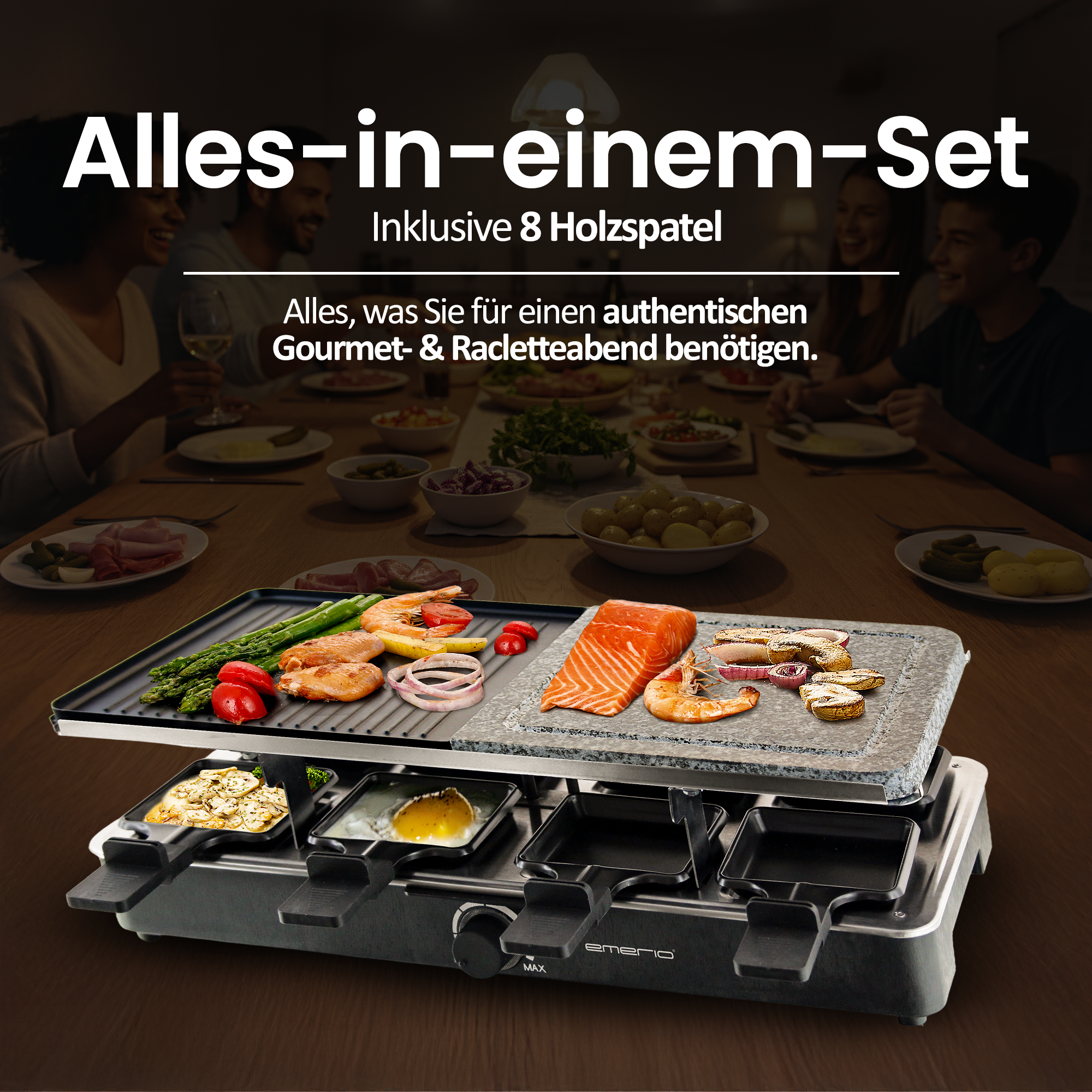 Ein Raclette-Grill mit Garnelen, Lachs, Hähnchen und Spargel.